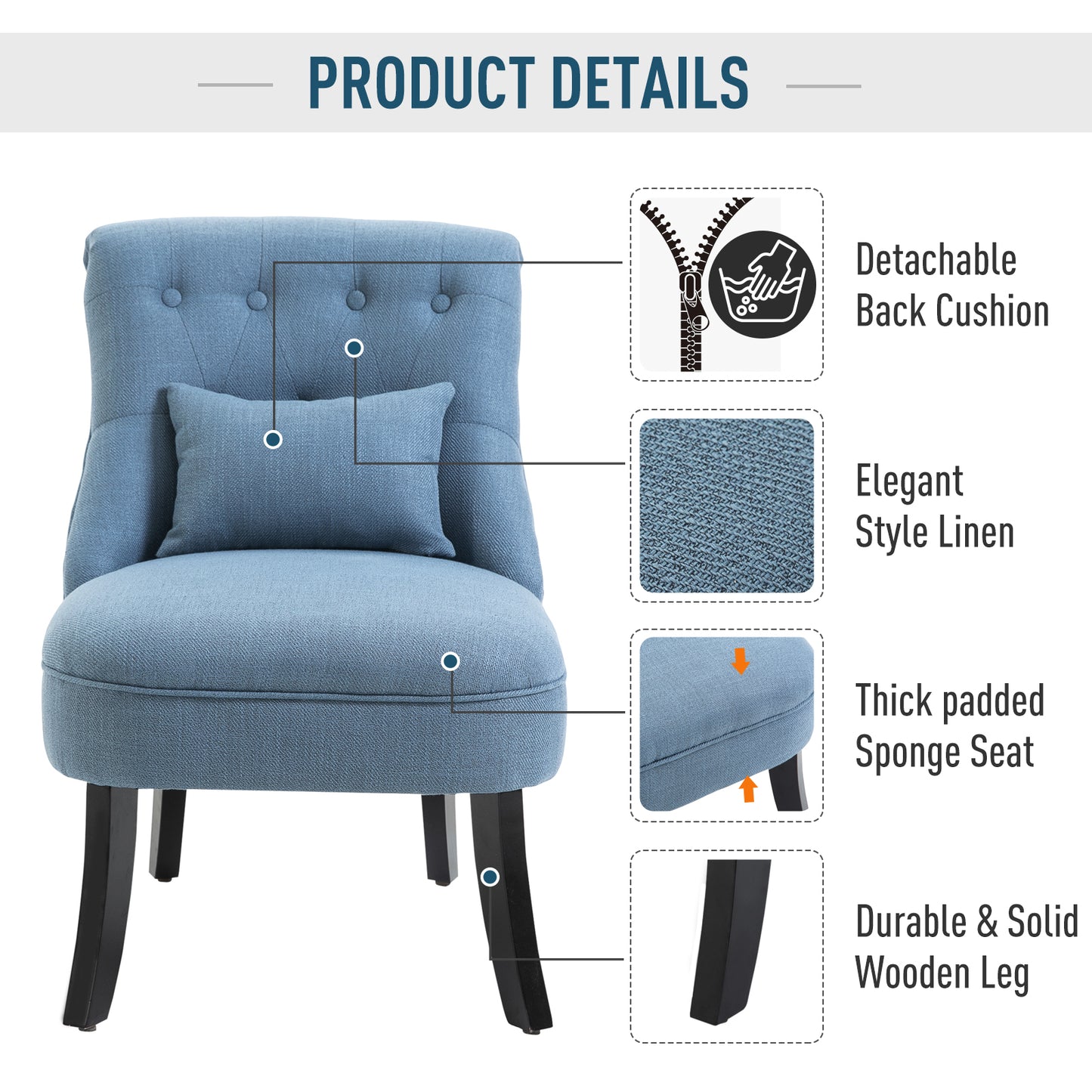 HOMCOM Padded Living Room Armchair with Cushion, in Linen and Wood Effect Fabric, 52.5x69x77 cm, Blue