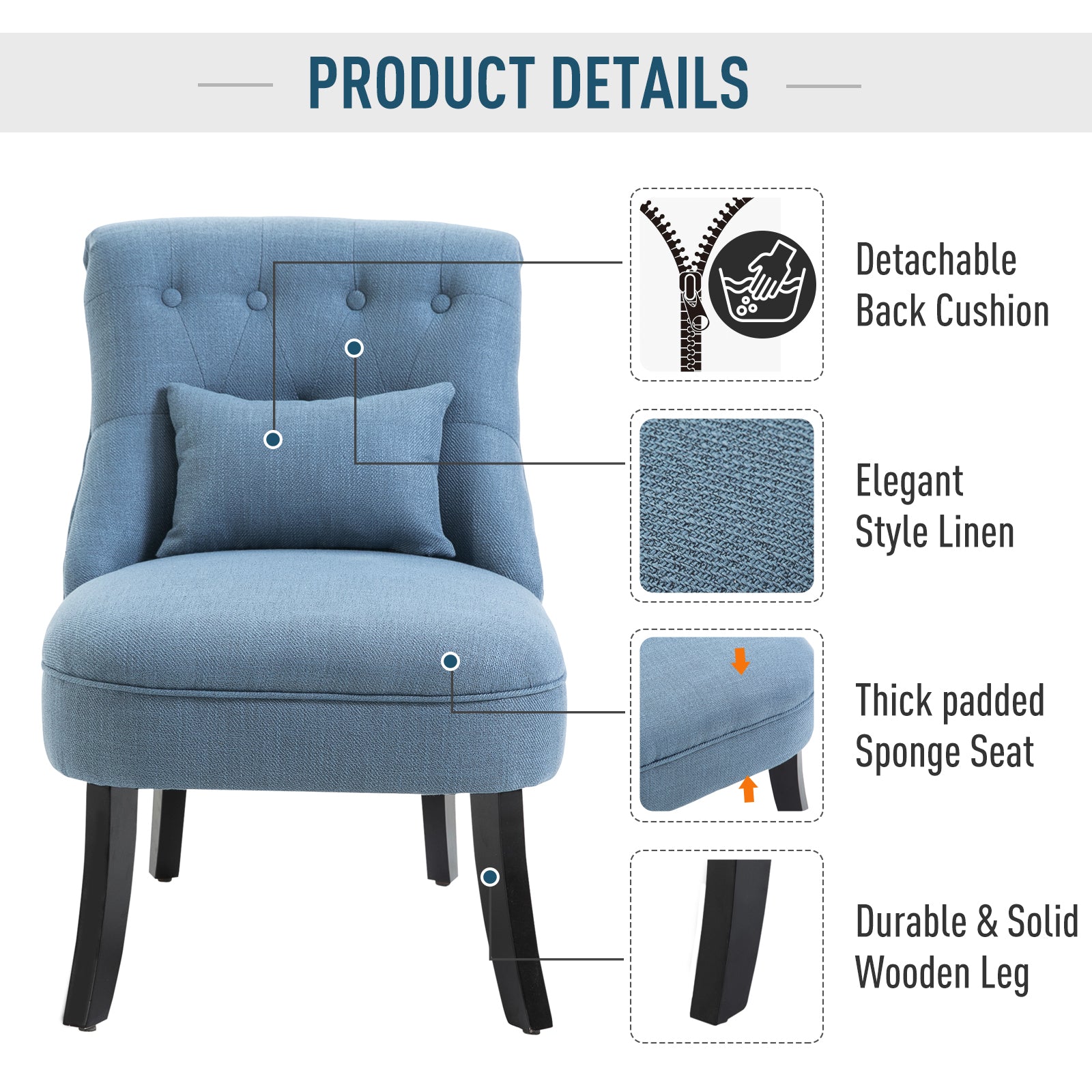 Upholstered Living Room Armchair with Cushion, in Linen and Wood Effect Fabric, 52.5x69x77 cm, Blue