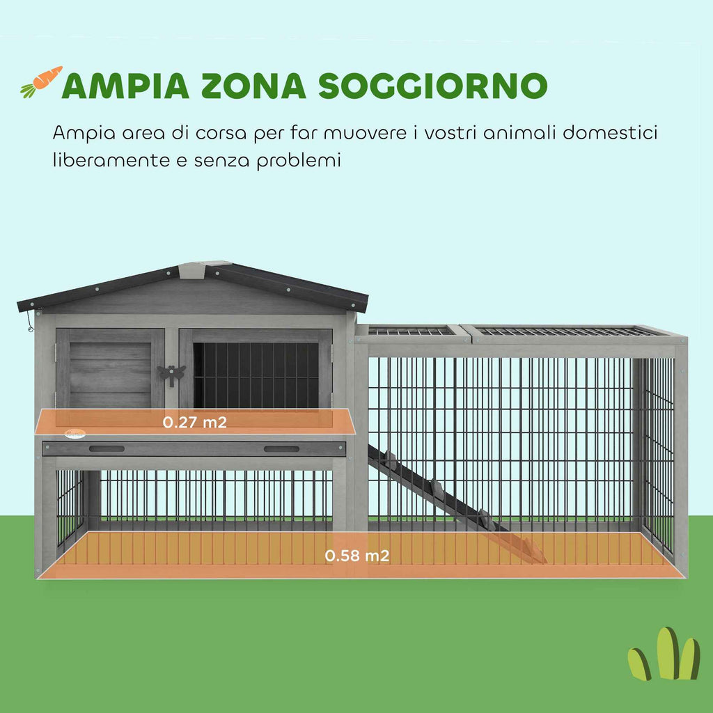 PawHut Outdoor Rabbit Hutch with Ramp, Opening Roof and Tray, Made of Fir Wood, 150x52x68 cm, Light Grey
