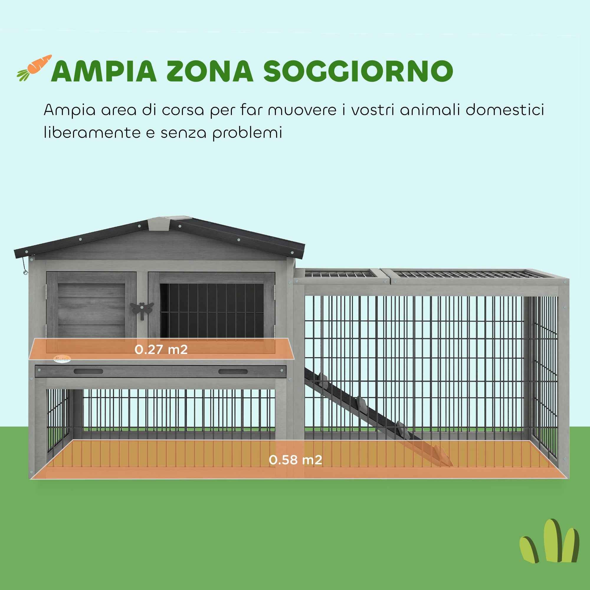 PawHut Outdoor Rabbit Hutch with Ramp, Opening Roof and Tray, Made of Fir Wood, 150x52x68 cm, Light Grey