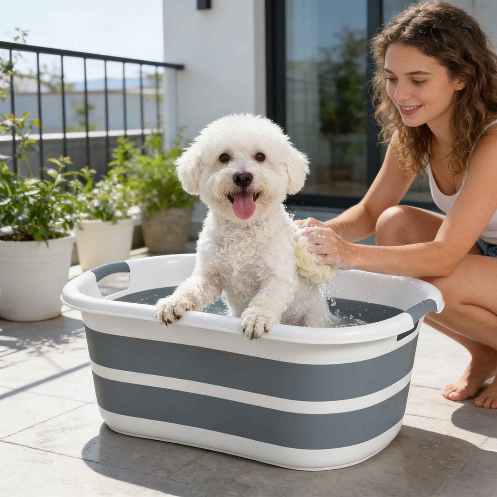 PawHut Dog Bathtub, Portable Folding Tub with Drain Hole, for Small Dogs and Puppies, Gray
