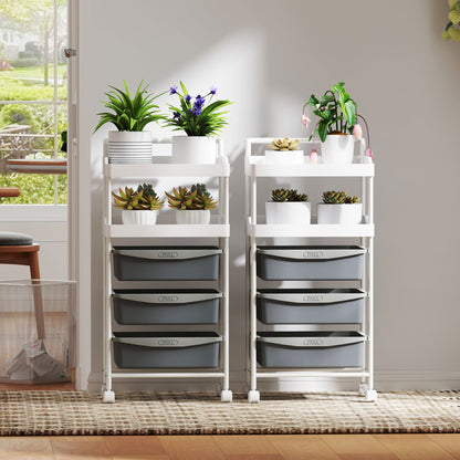 Storage Trolley with 2 Fixed Trays and 3 Sliding Trays, Steel and PP, 40x34x85 cm, White and Grey