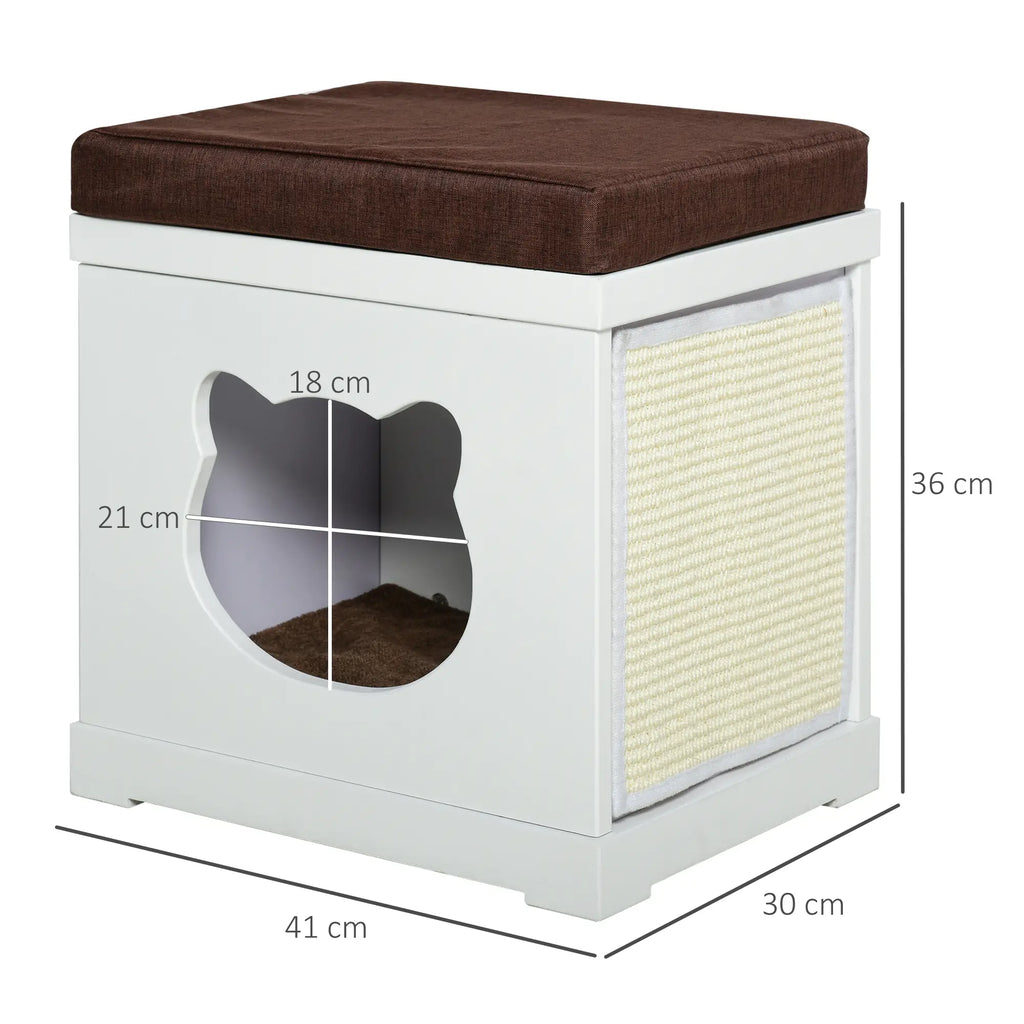 Wooden Cat House with 2 Pillows and Removable Scratching Post, White and Brown, 41x30x36cm - Borge' Group Limited