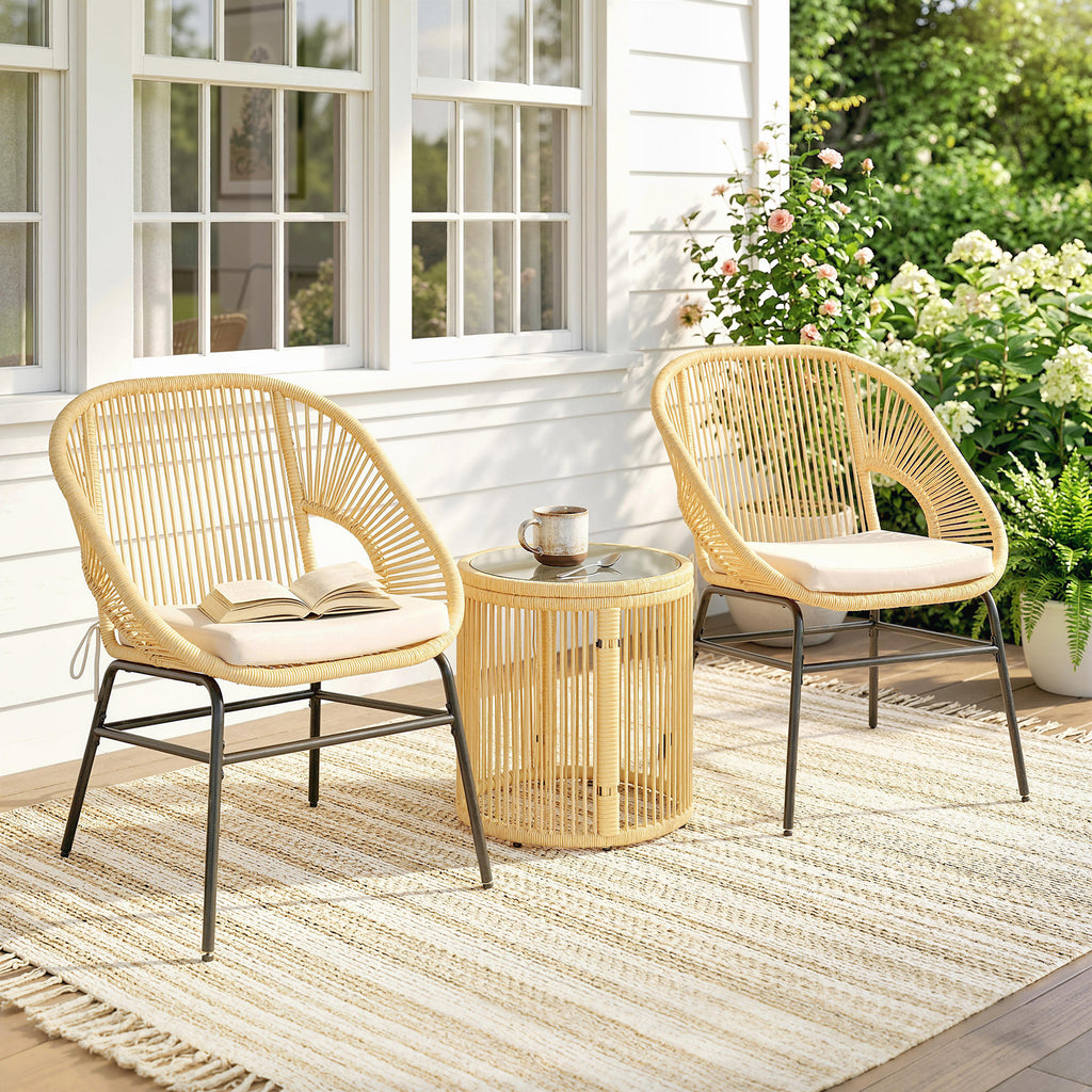 Outsunny 3-Piece Rattan and Steel Bistro Set with 2 Chairs, Round Table with Tempered Glass Top, Beige
