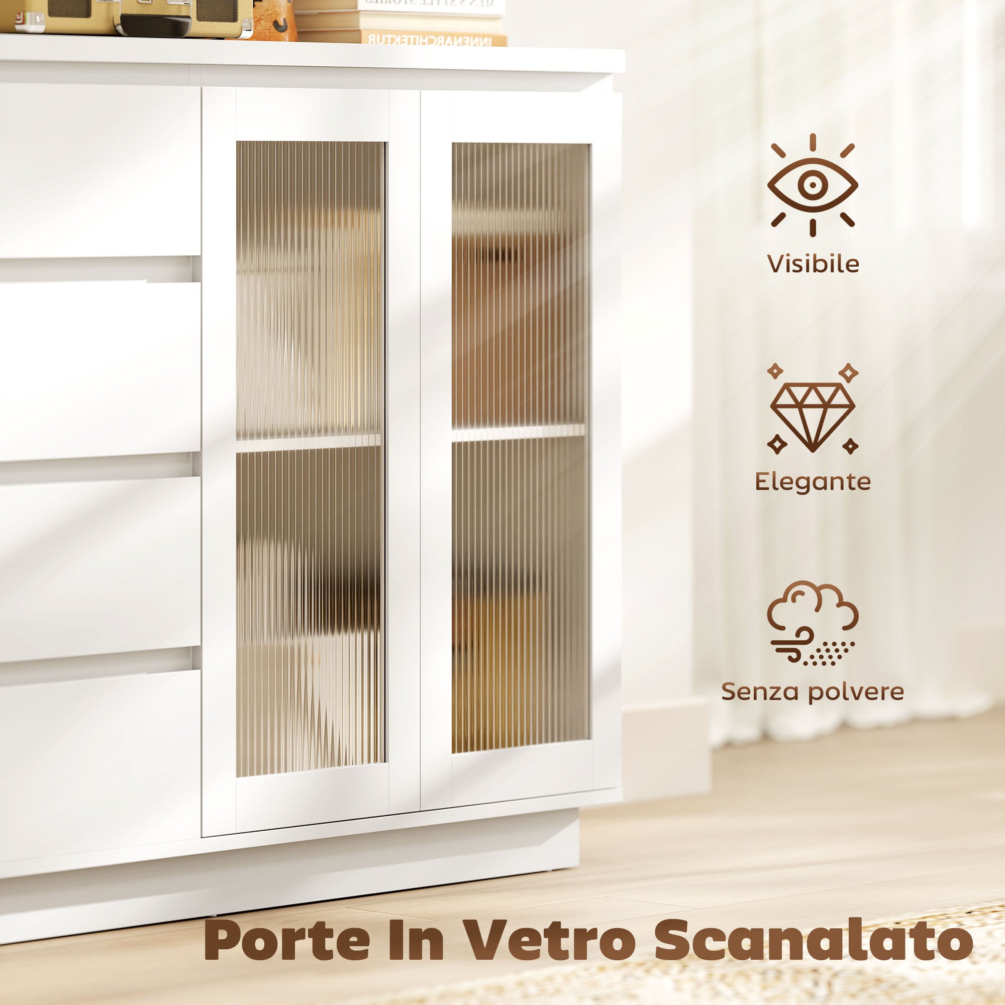 Wooden Buffet Sideboard with 4 Drawers and Cabinet with Glass Doors and Adjustable Shelves, 120x40x91 cm, White