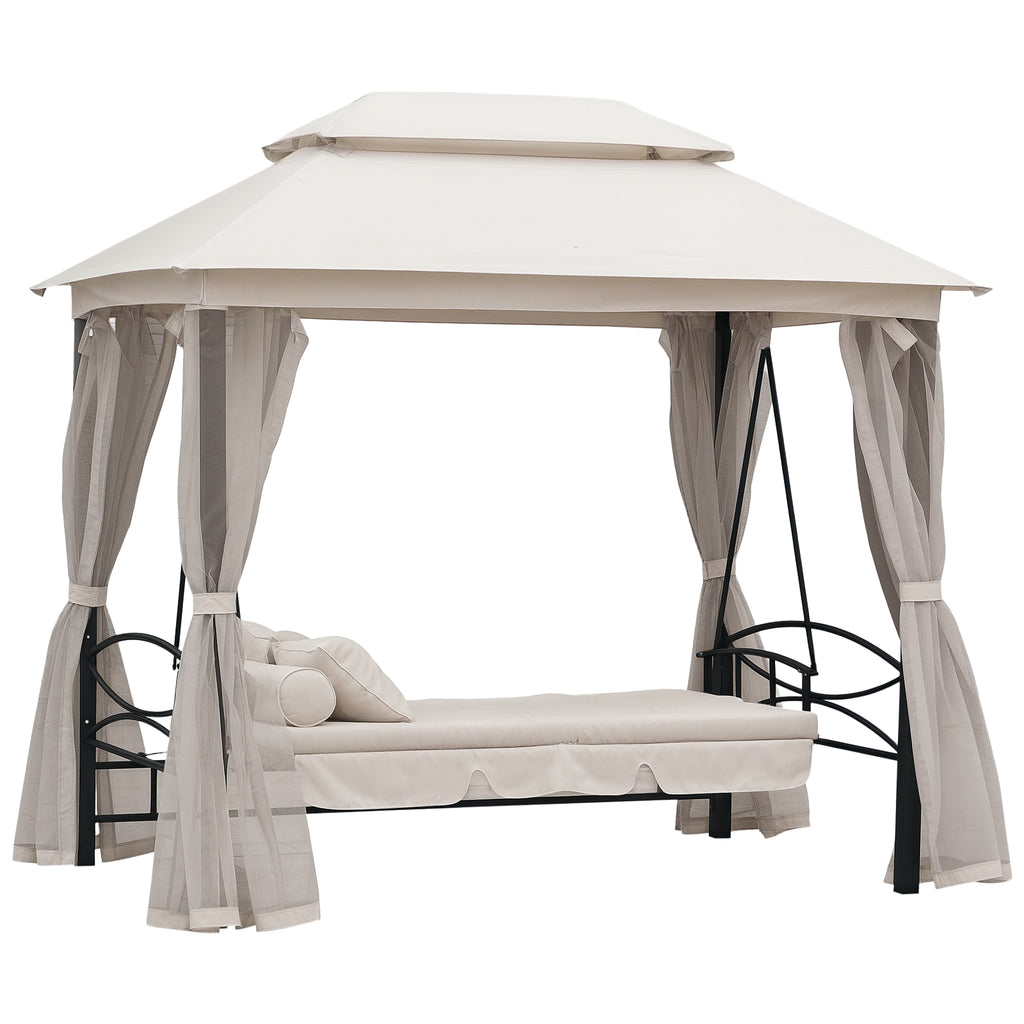 3-Seater Swing and Single Sun Lounger Gazebo Cover with Mosquito Net and Cushions 256x172x248cm Cream