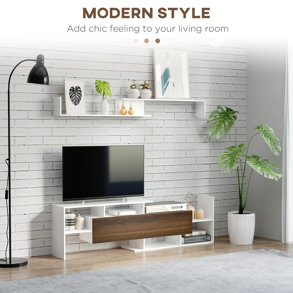 HOMCOM TV Cabinet with Wall Shelf, Open Shelves and Closed Cabinet, in White and Brown Chipboard - Borgè