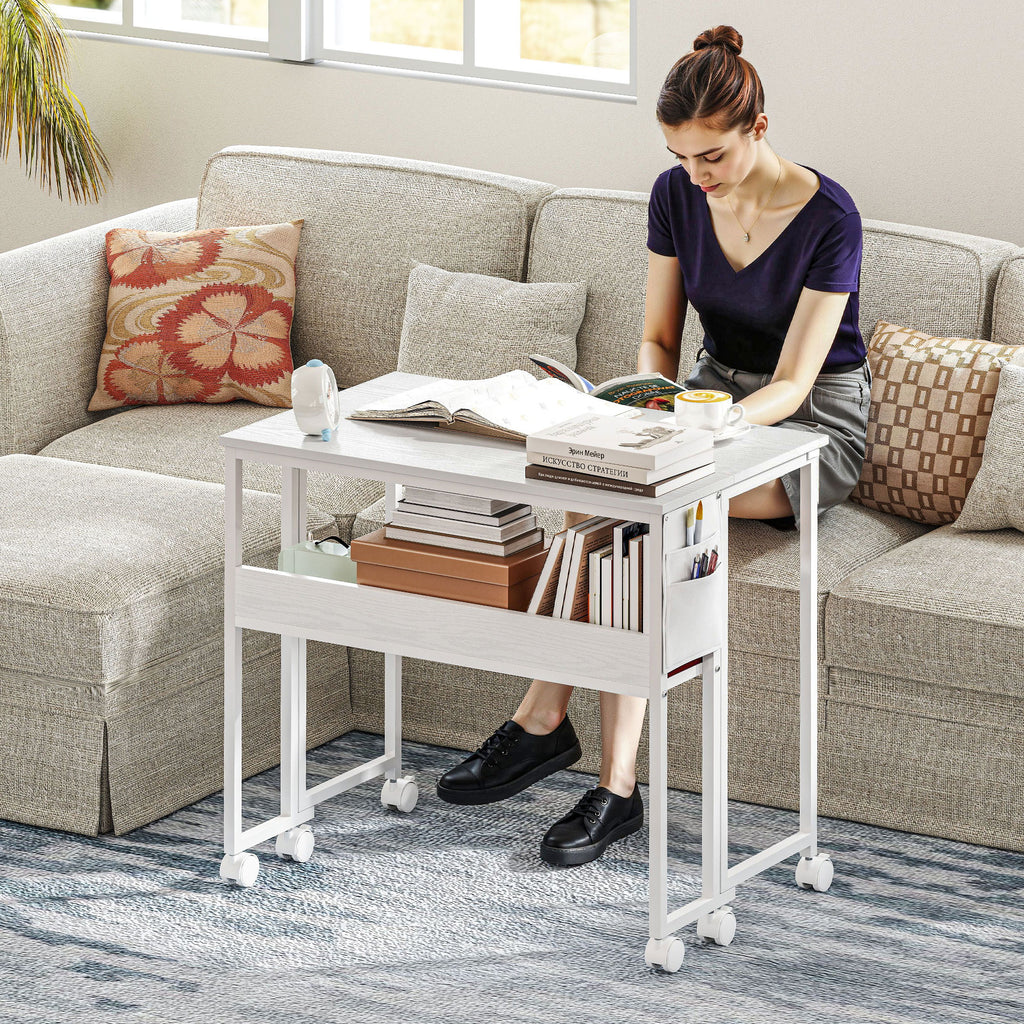 Space-Saving Folding Drop-Leaf Desk with Shelf, Storage Pocket and Wheels, White