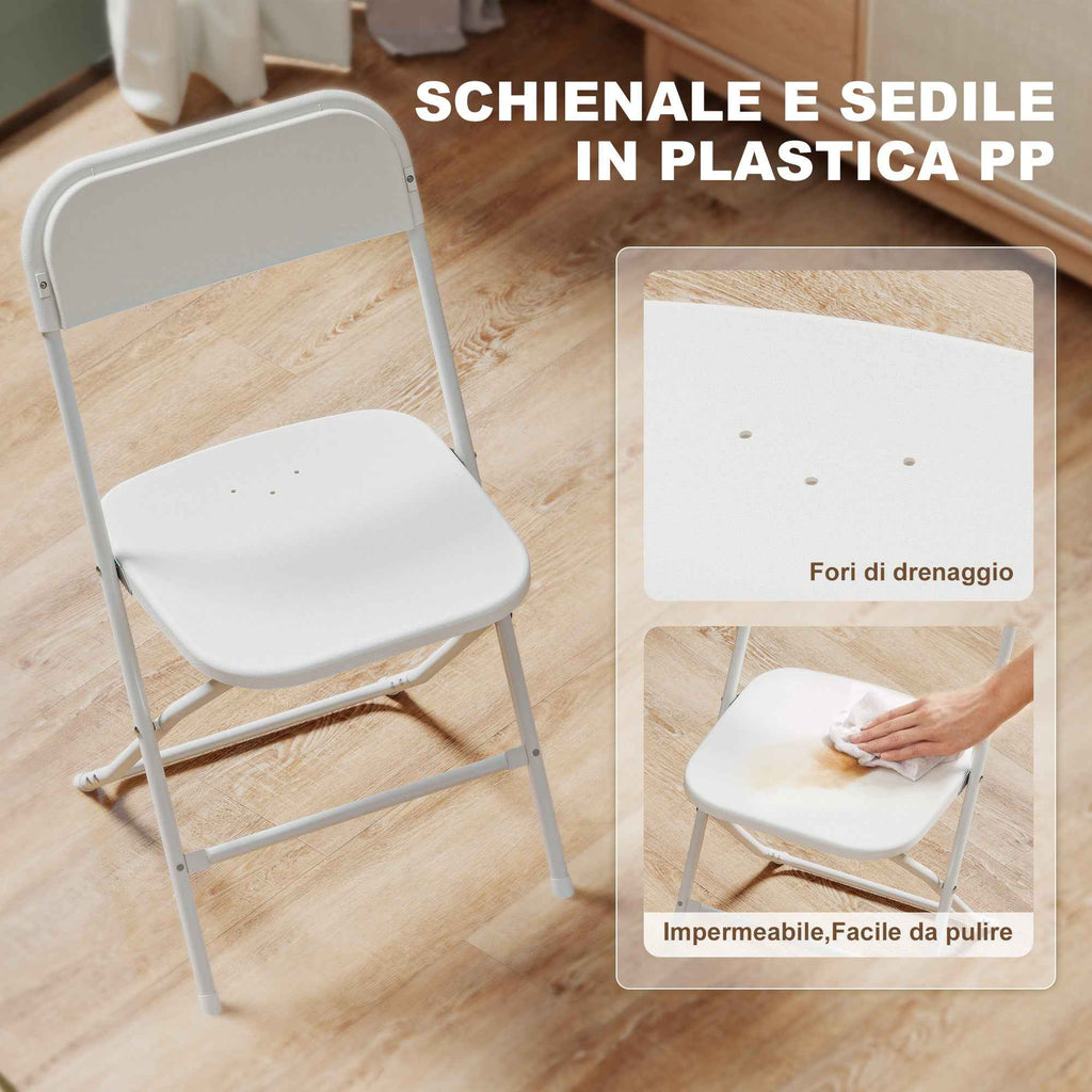 HOMCOM Set of 6 Folding Chairs with Drainage Holes in Plastic and Metal, 45x49x79.5 cm, White