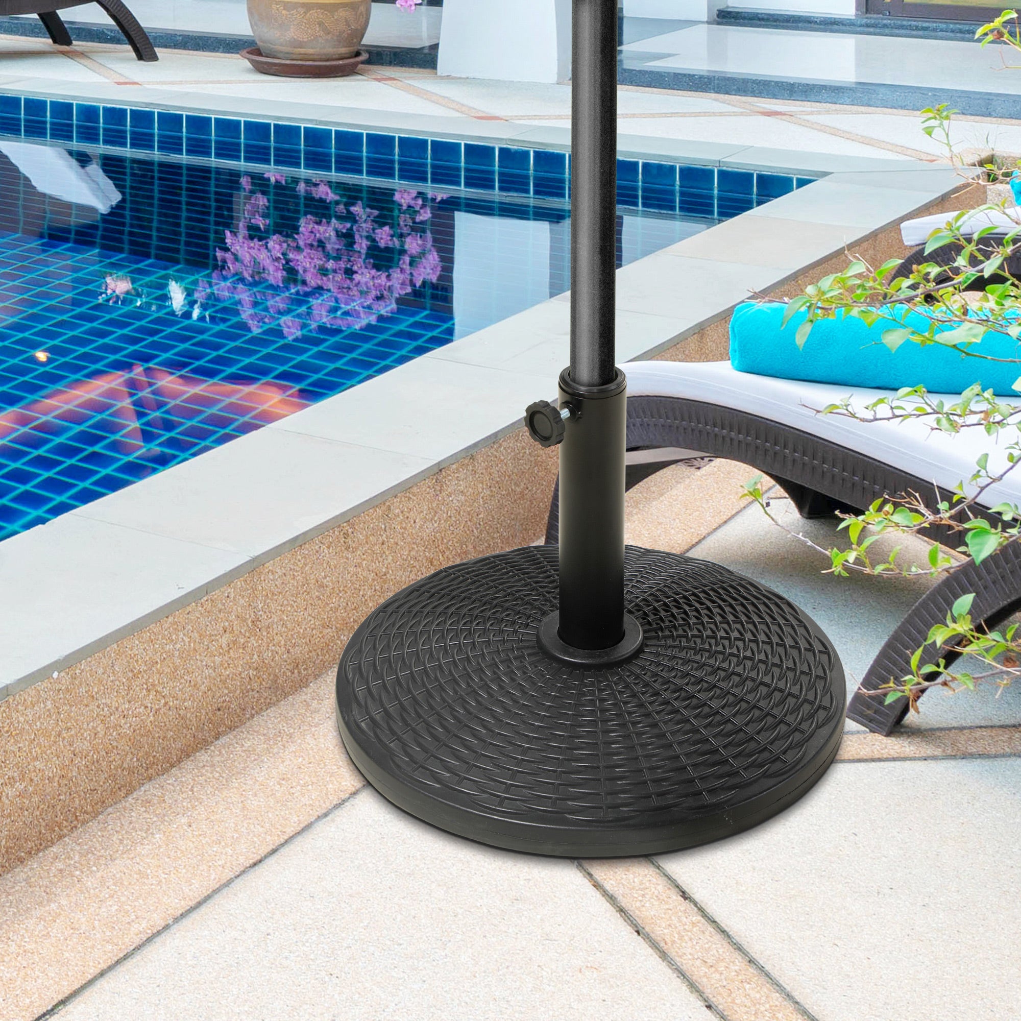 12.5kg Round Rattan Effect Umbrella Base, Support for 38mm and 48mm Poles, Ø44.5cm, Black