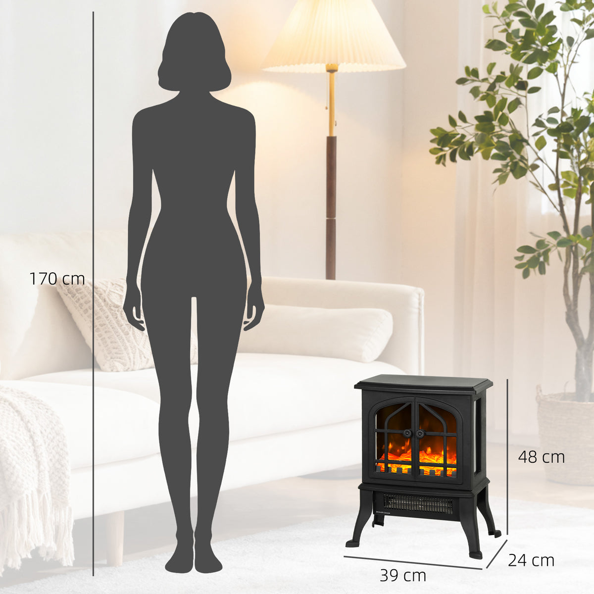 HOMCOM 900/1800W Electric Fireplace with 3D Flame and Adjustable Thermostat (10-35°C), 30㎡, Black