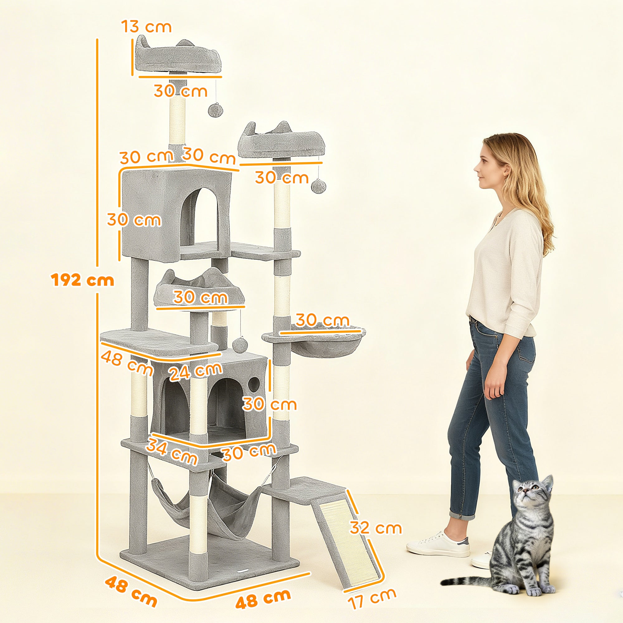 Cat Tree with Ladder, 2 Hammocks, 3 Perches, 2 Houses and 3 Platforms, 48x48x192 cm, Grey and Cream