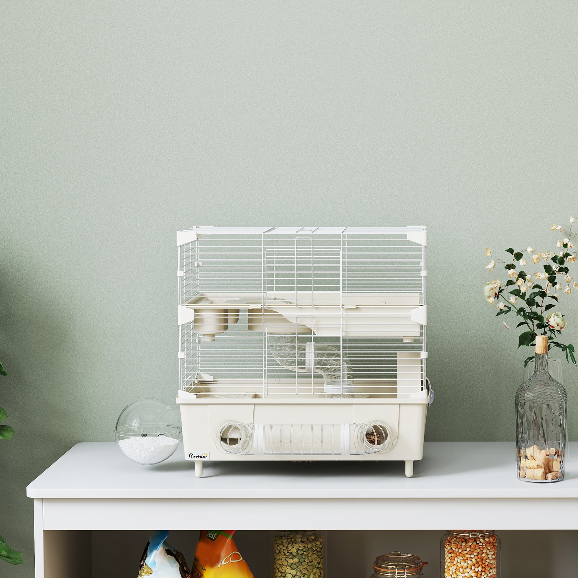 2-Tier, 3-Door Hamster Cage with Wheel and Tubes, Steel, PS and PP, 44.5x28x44 cm, Cream and White