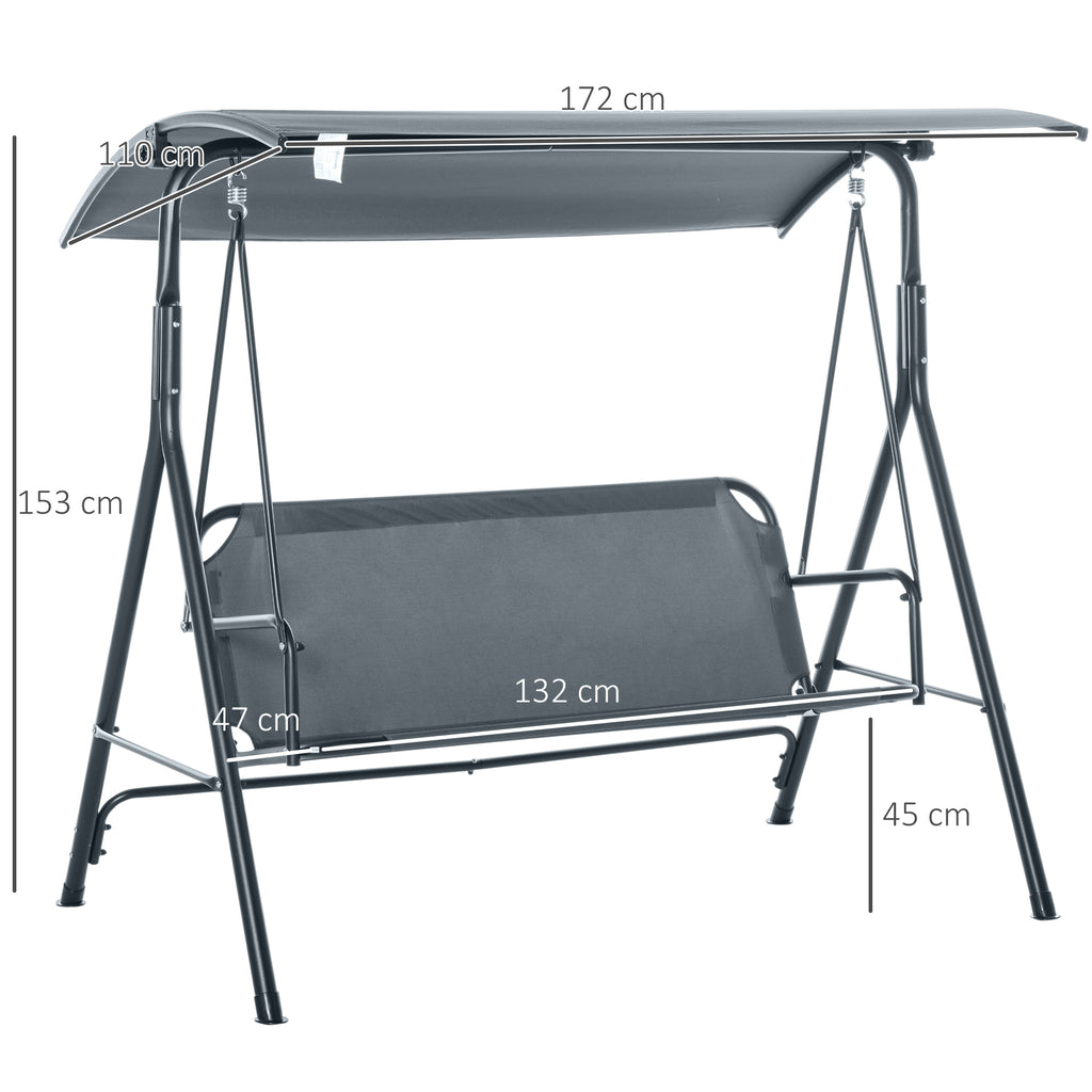 3-Seater Swing with Tilting Canopy and Cushions, in Steel and Polyester, 172x110x153 cm, Grey