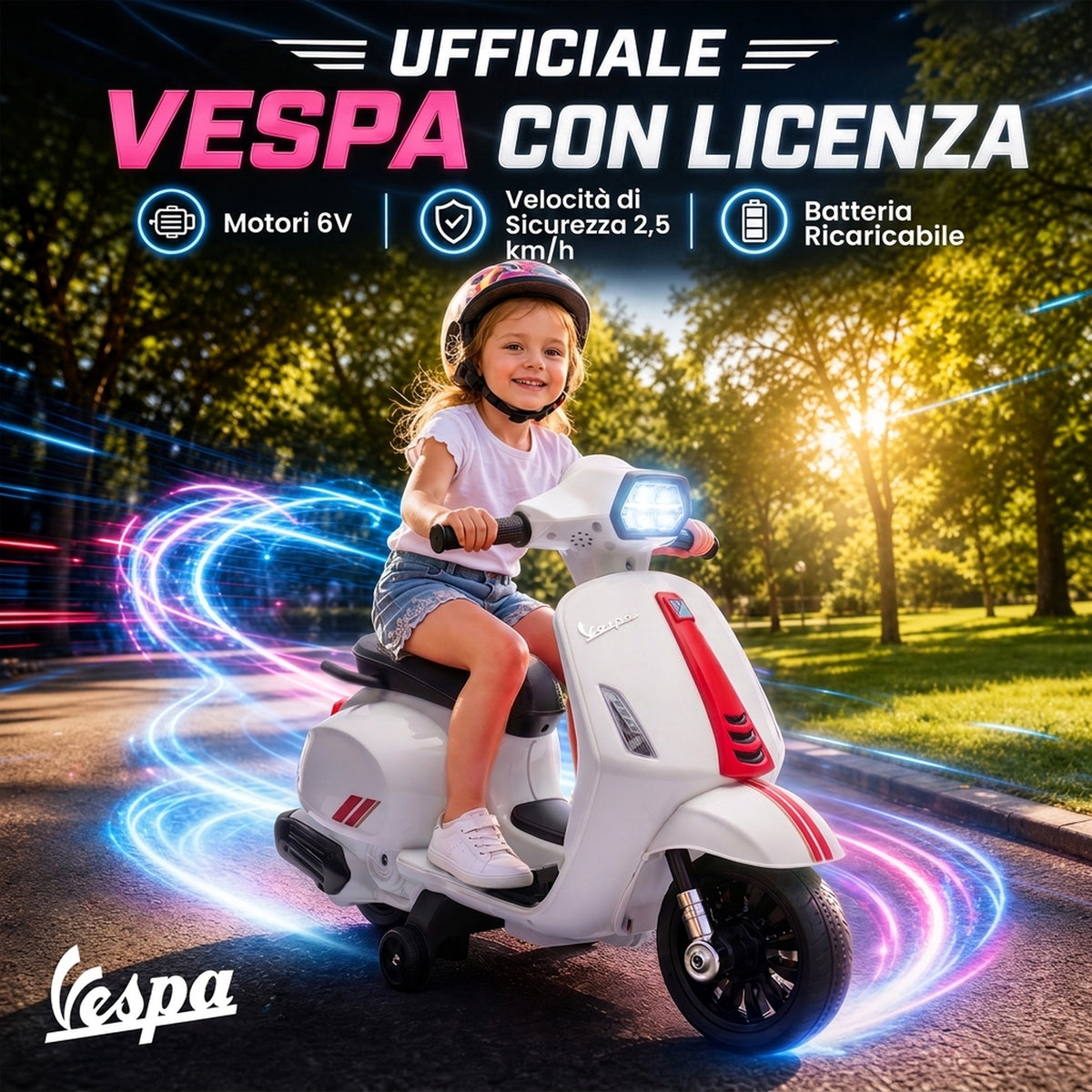 AIYAPLAY Kids Electric Motorcycle with Vespa License, 6V Rechargeable Battery, Wheels and Lights, Ages 2-4 Years, White