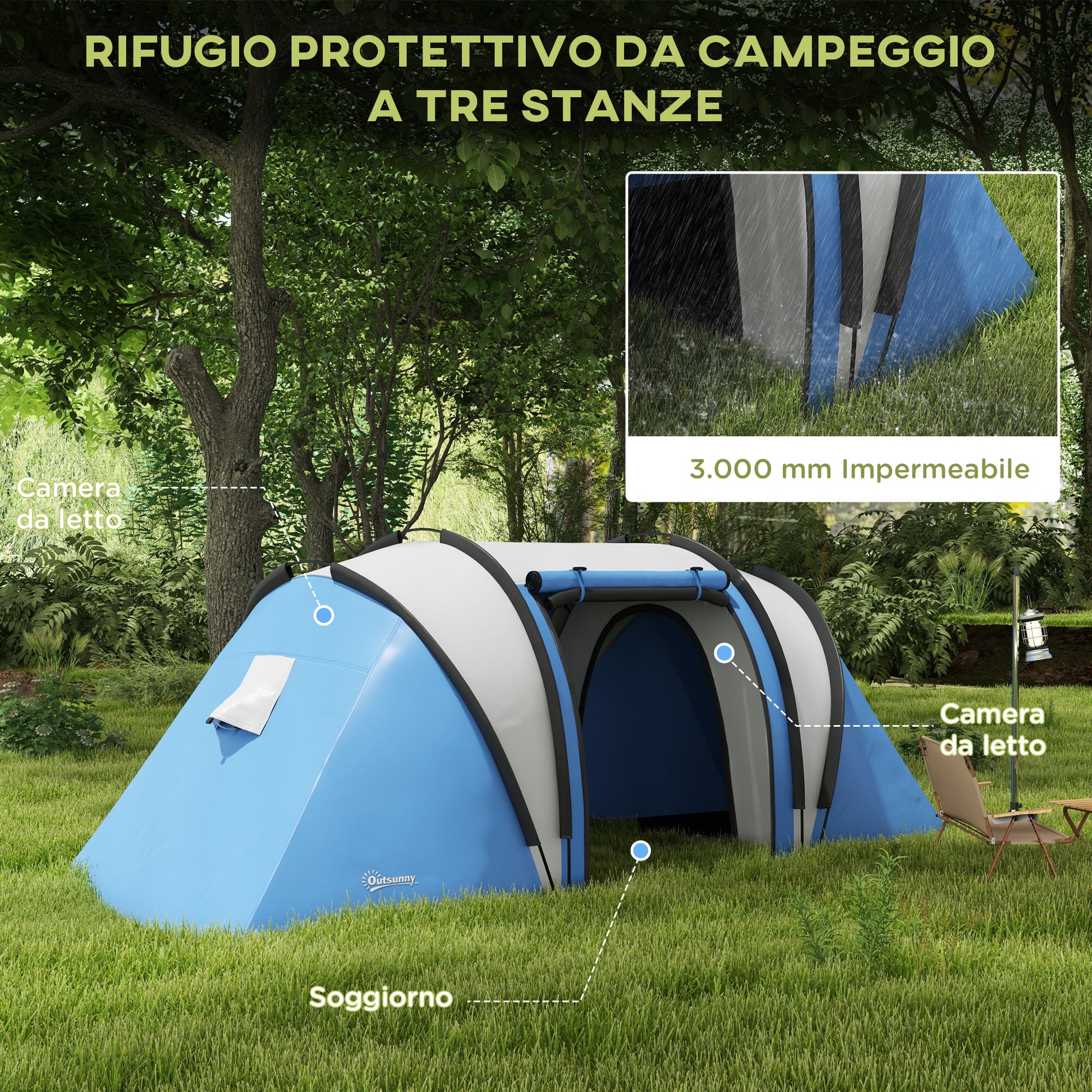 Outsunny Waterproof 2-Person Camping Tent with 2 Rooms Transport Bag, 220x450x180 cm, Blue - Borgè