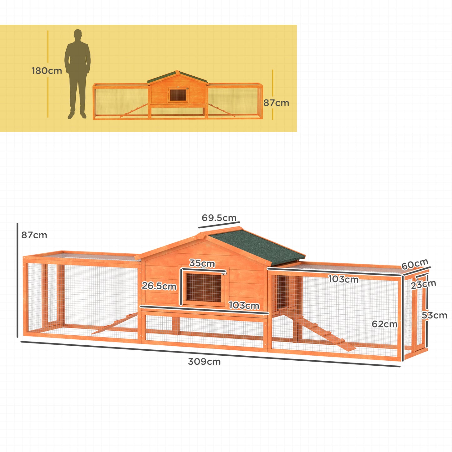 Rabbit Hutch with House, Ramps and 2 Wooden Runs, 309x69. 5x87cm, Orange