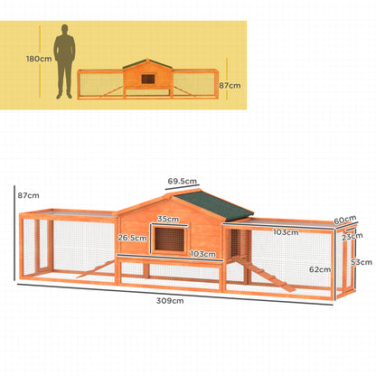 Rabbit Hutch with House, Ramps and 2 Wooden Runs, 309x69. 5x87cm, Orange