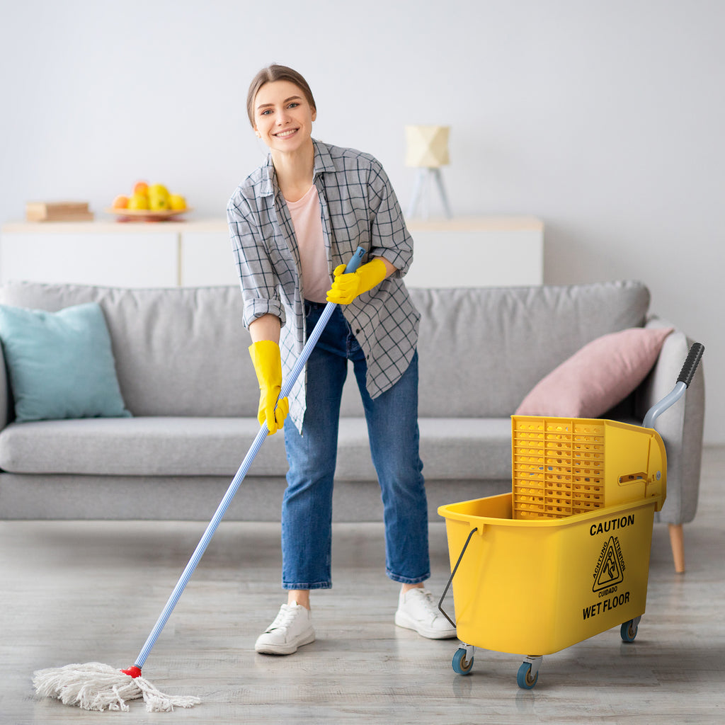 Professional 20L Floor Mop Bucket with Mop, Wringer, Wheels and Handle, 45x26.5x70 cm, Yellow