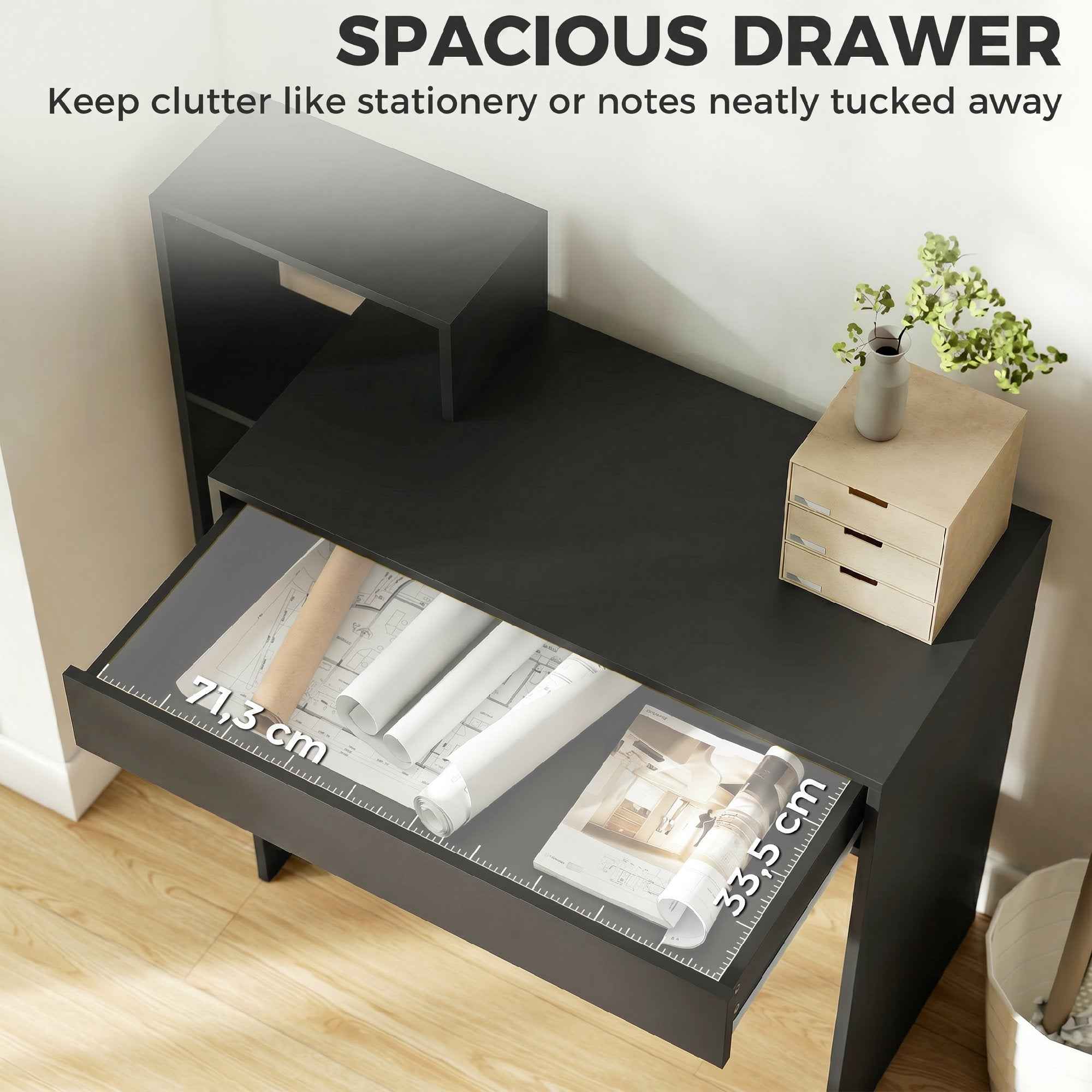 HOMCOM Modern PC Desk with 3 Open Shelves and Drawer, Black Wood, 100x40x90 cm