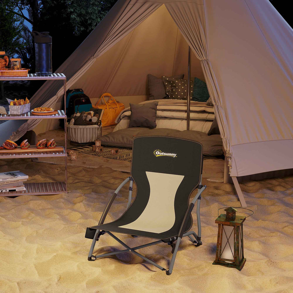 Outsunny Folding Beach Chair with Mesh Backrest and Cup Holder, Metal and Oxford Fabric, 58x55x62 cm, Black
