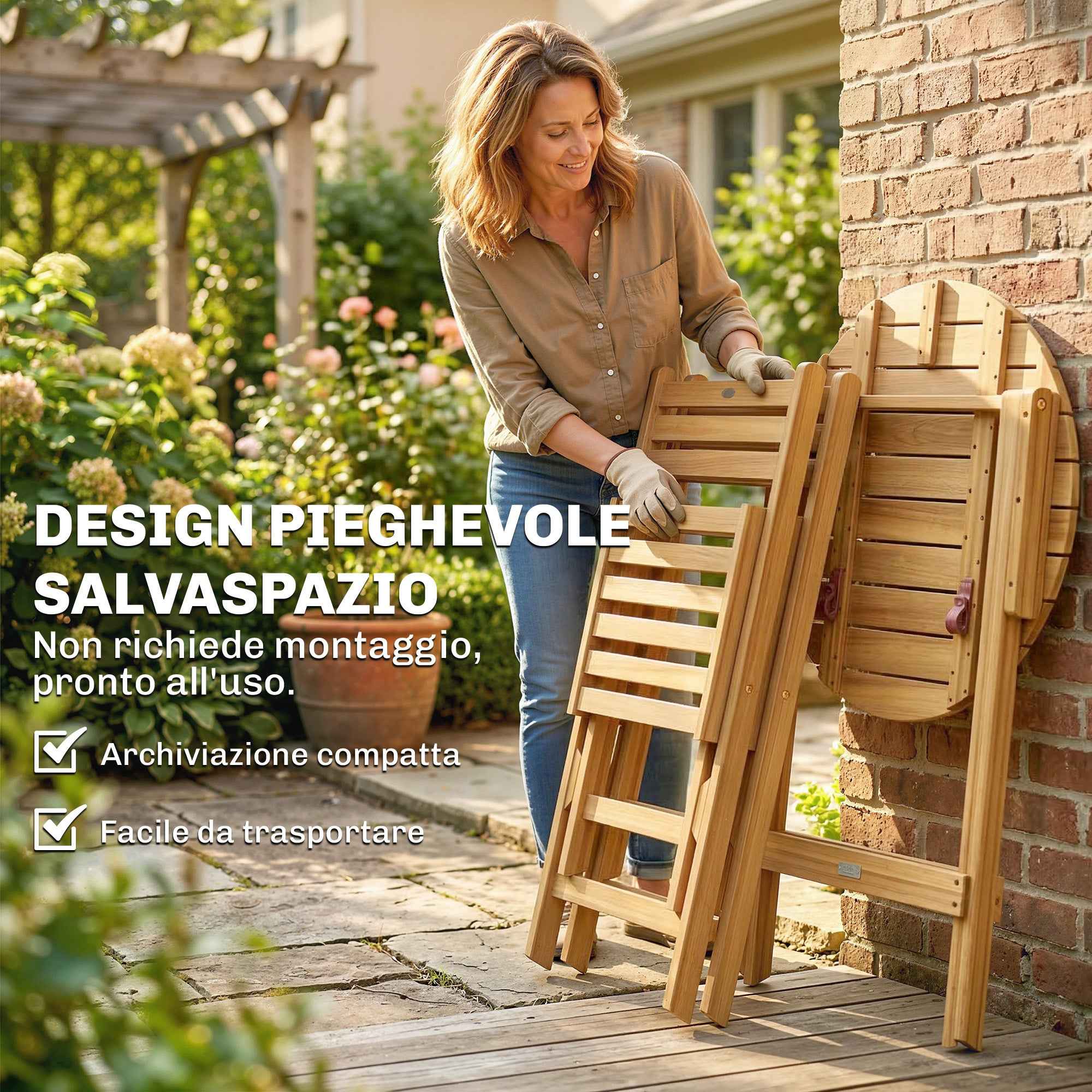 Outsunny Outdoor Bistro Set: 2 Folding Chairs and Round Table, Natural Wood.