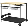 Garden trolley with 2 shelves, 2 baskets and 4 bottle holder spaces, in fir wood, 97.5x65x81 cm - Borgè