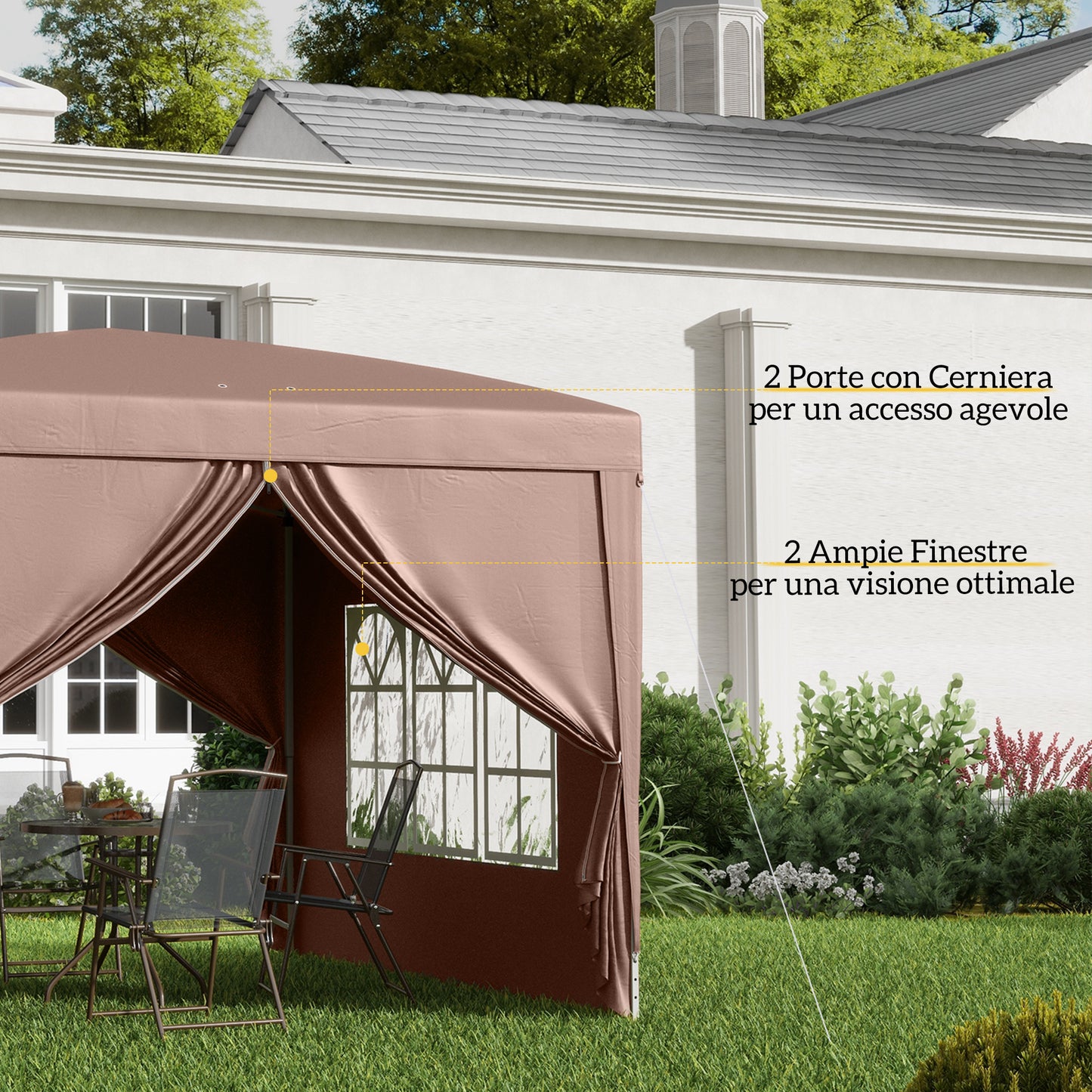 3x3m Folding Outdoor Gazebo with 4 Side Panels, in Steel and Oxford Fabric, Coffee Color