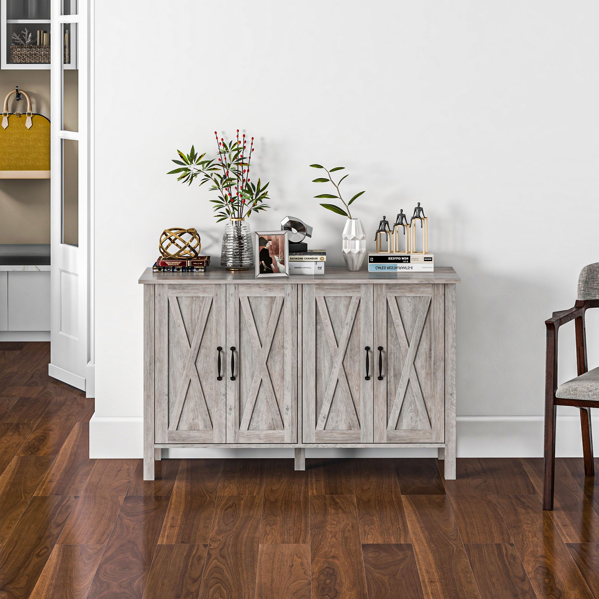 Rustic Multipurpose Cabinet with 4 Adjustable Storage Shelves, Wooden, 120x37x75 cm, Grey