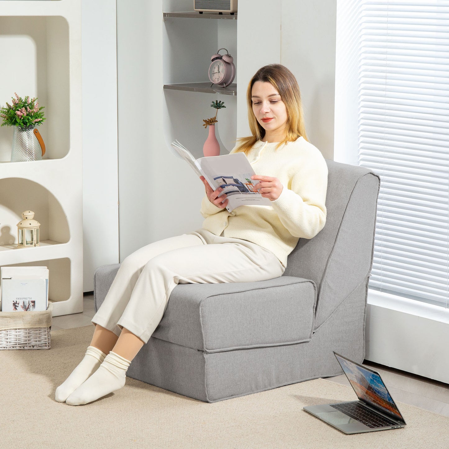 Modern Floor Armchair Convertible in Fabric Chaise Longue, Light Grey