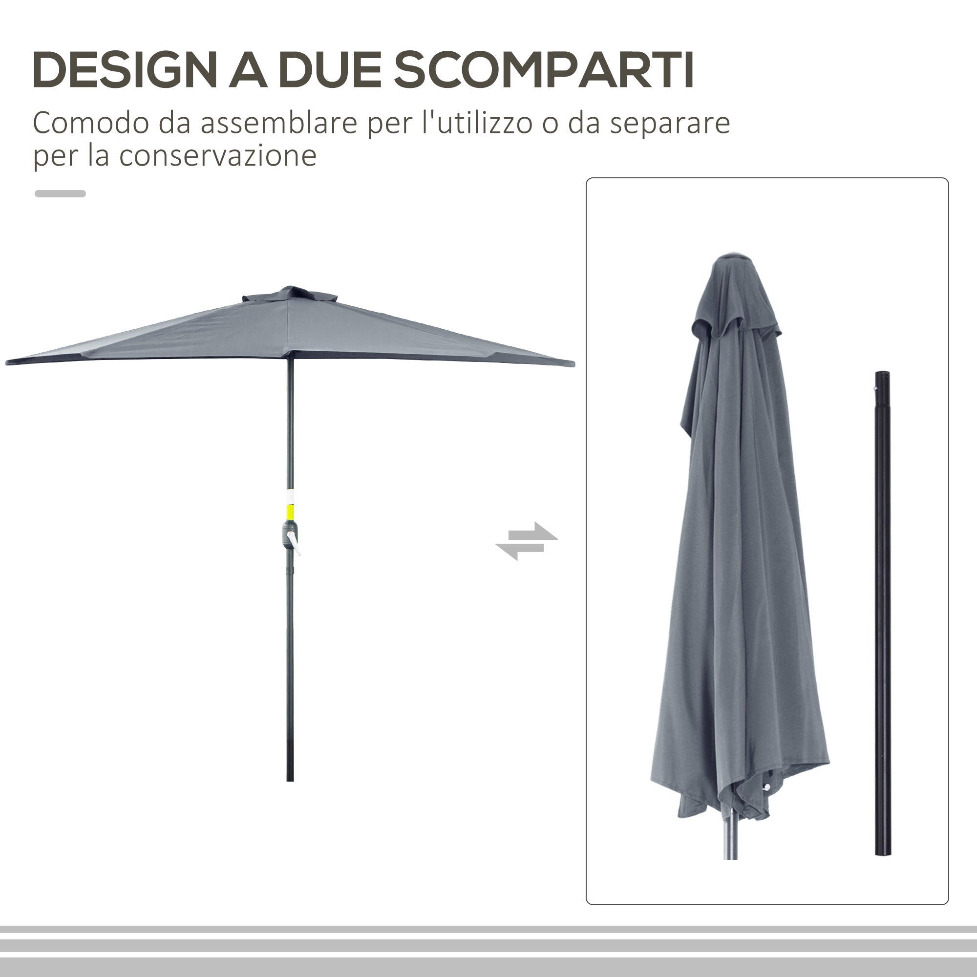 Outsunny Semicircular Wall-Mounted Umbrella with Crank Handle, Polyester and Metal, 2.7 x 2.4 m, Grey