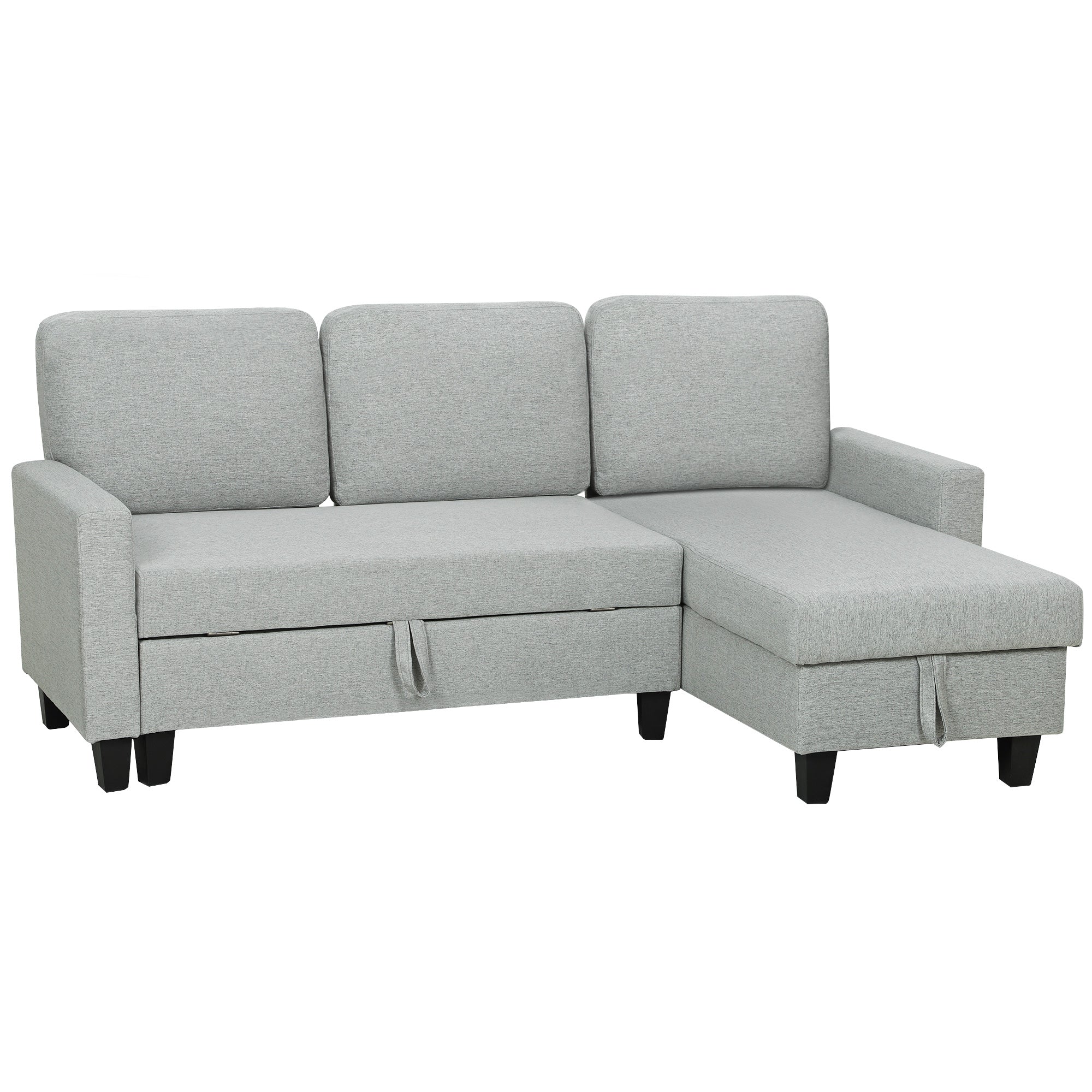 3-Seater Sofa Bed with Chaise and Storage Space, Linen-Effect Fabric, 197x129x85 cm, Grey and Black