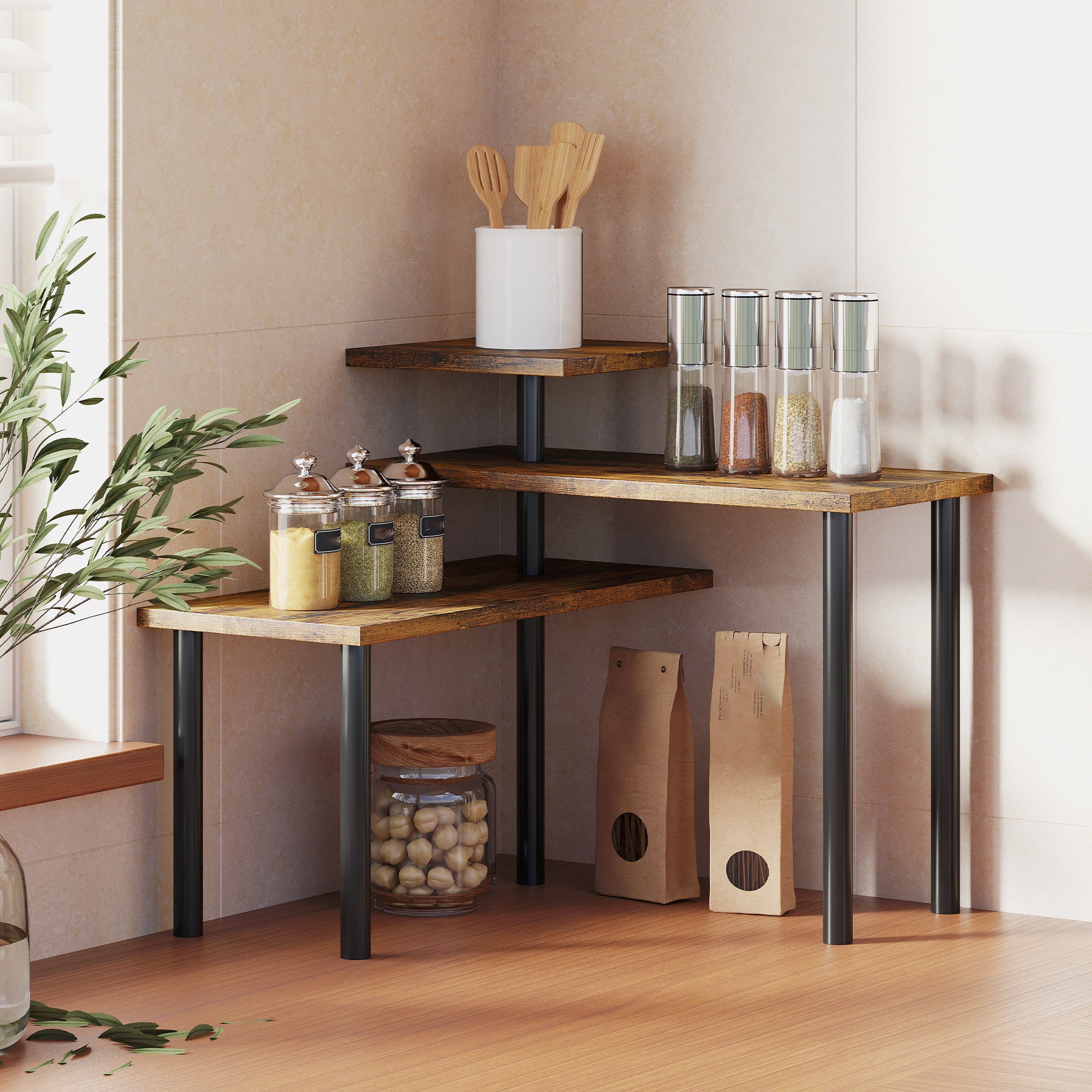 3-Tier Rotating Kitchen Shelf, Space-Saving, Wood and Steel, 40x10x36.5 cm, Rustic Brown