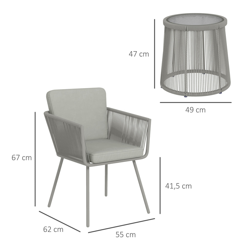 Outdoor Set with Glass Coffee Table and 2 Rattan Garden Chairs Boho Style, Light Grey