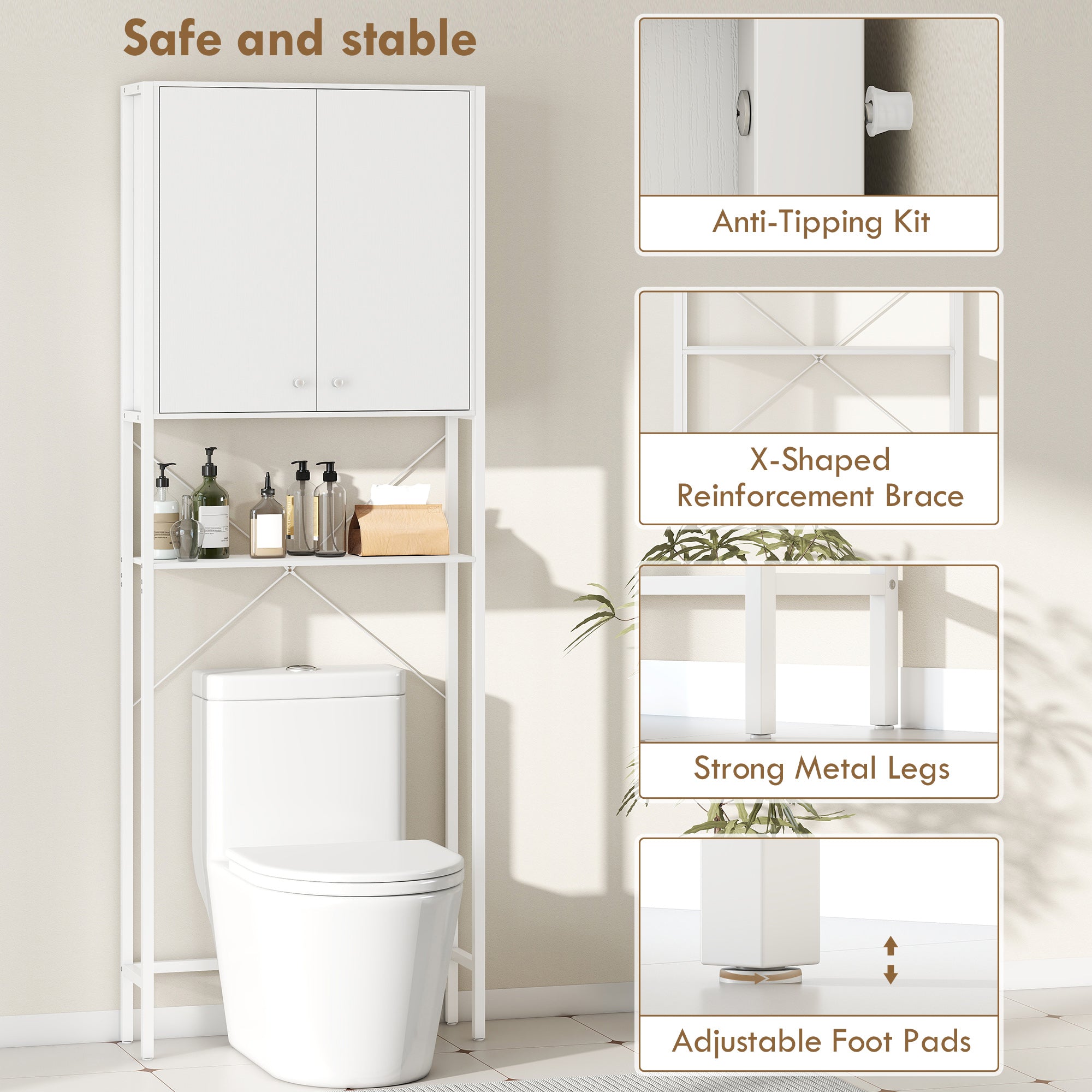 Bathroom Cabinet Above Toilet and Washing Machine with Cabinet and Open Shelf, 64x20x180 cm, White