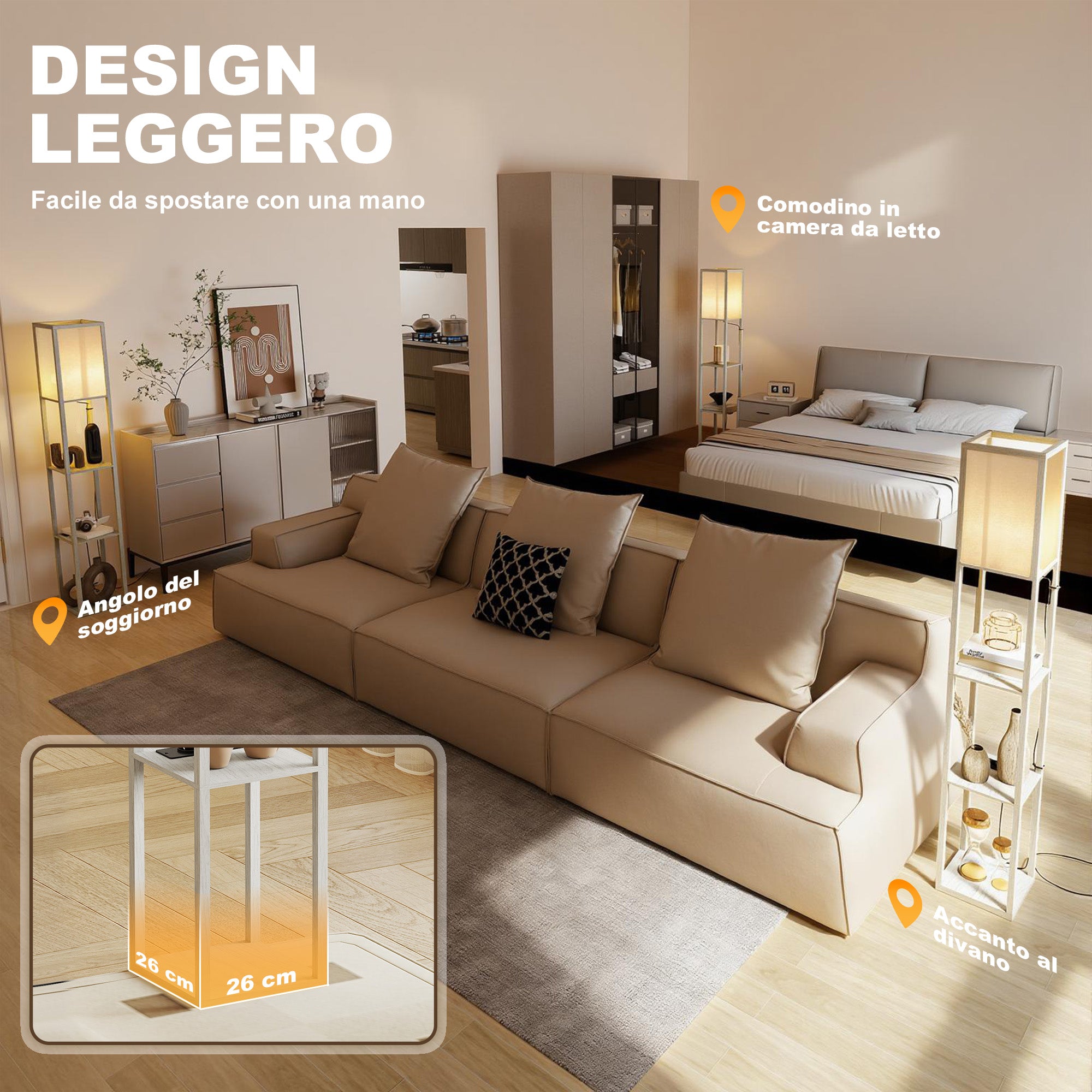 HOMCOM Floor Lamp with Shelves, Dimmable Light, Foot Switch and USB Ports, White and Oak
