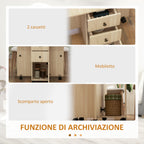 Folding Table with 2 Drawers and Cabinet, 6 Wheels and Brakes, 120x60x76.5 cm, Wood Color