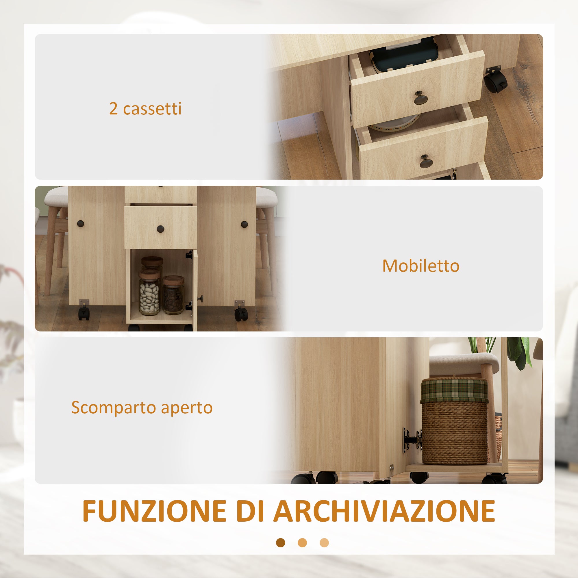 Folding Table with 2 Drawers and Cabinet, 6 Wheels and Brakes, 120x60x76.5 cm, Wood Color