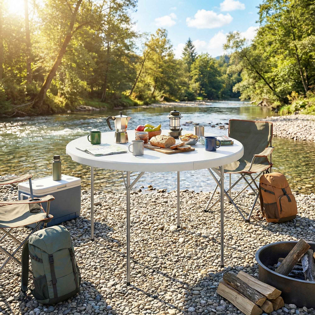 Outsunny Round Folding Camping Table in Metal and HDPE, 120x120x74 cm, White