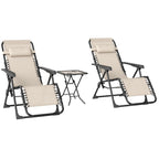 Set of 2 Folding Zero Gravity Deck Chairs with Adjustable Backrest and Table, Beige