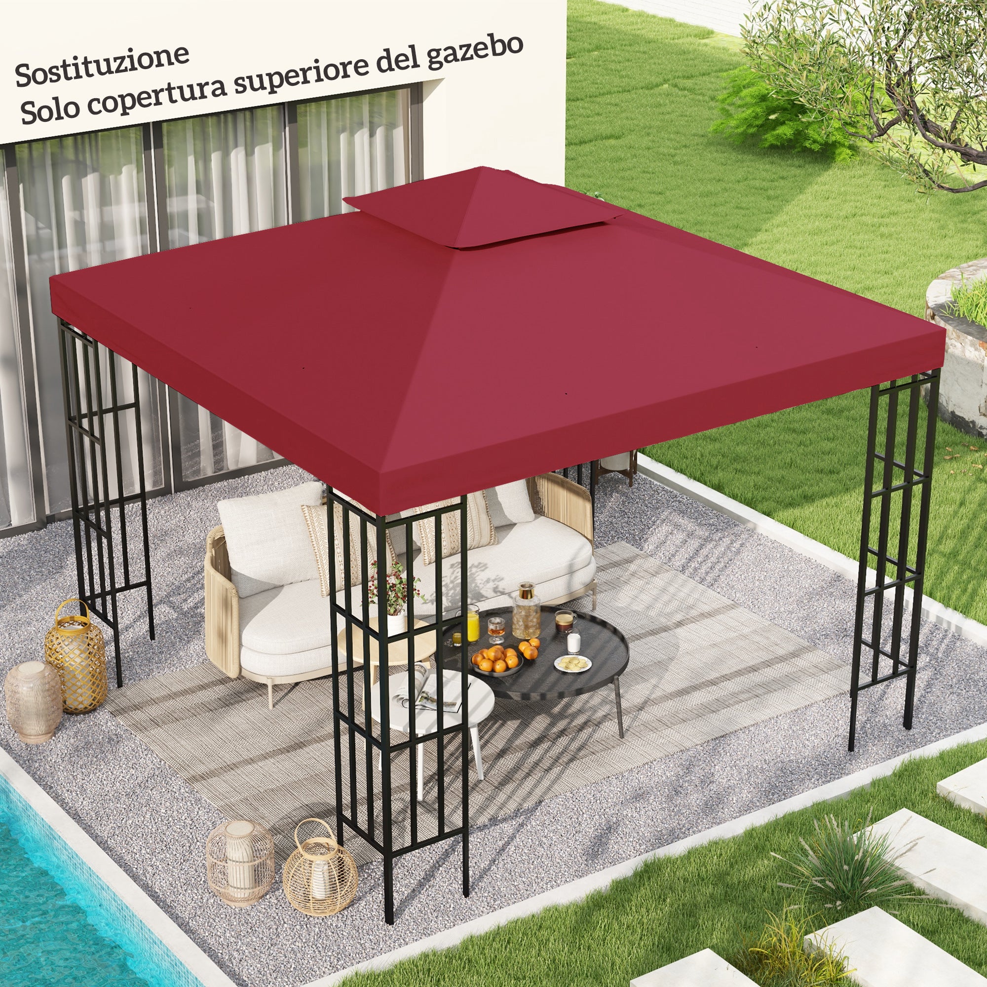 Outsunny Replacement Roof for 3x3m 2-Tier UV-Resistant Polyester Gazebo with Air Vent, Red