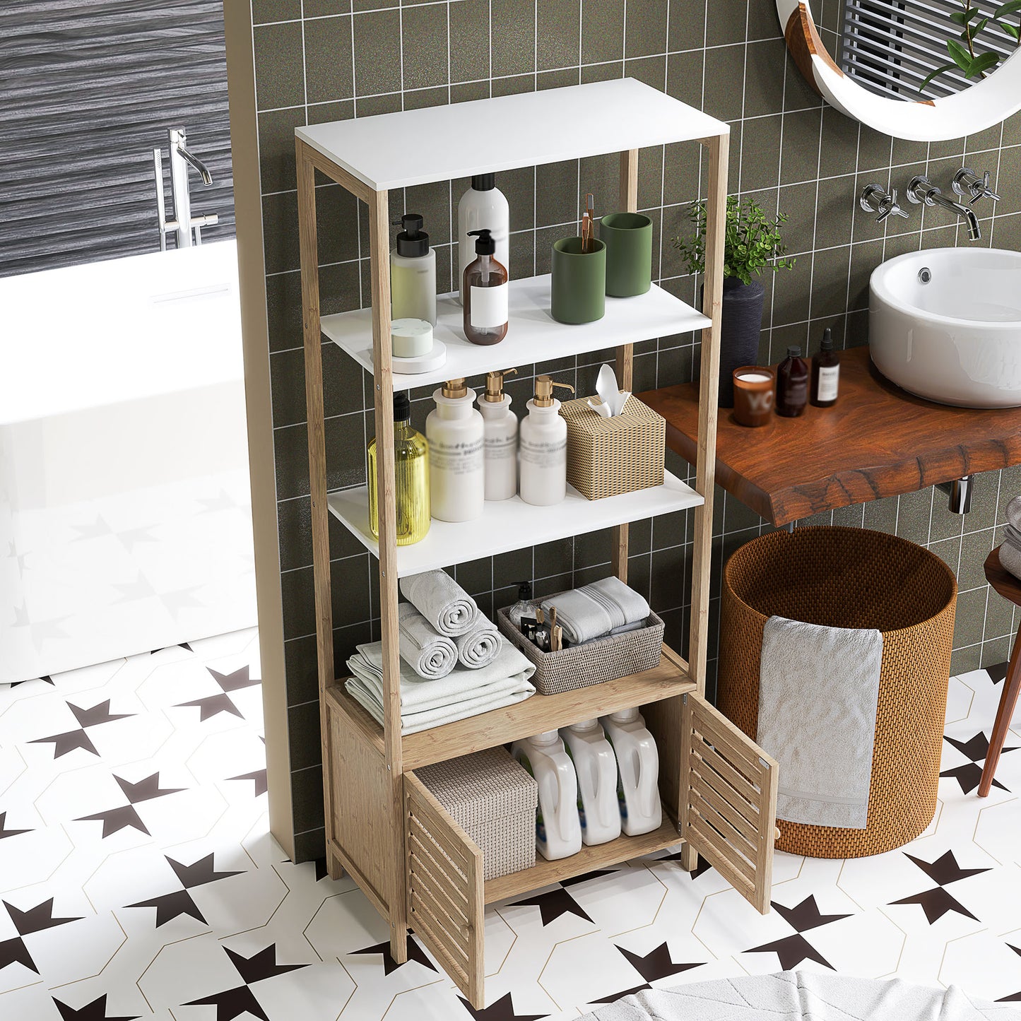 Bamboo Bathroom Cabinet with 3 Shelves and Lower Cabinet, 63x30x138 cm, Wood and White Color