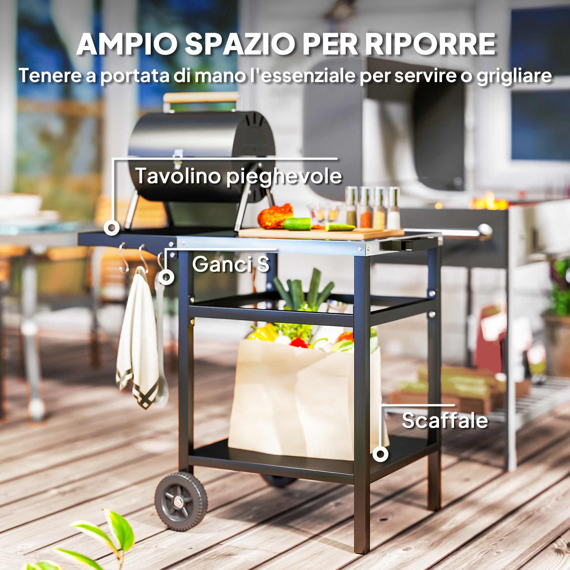 Barbecue Trolley with Steel Top and Foldable Shelf, Wheels and Hooks, 91x58x76 cm, Black