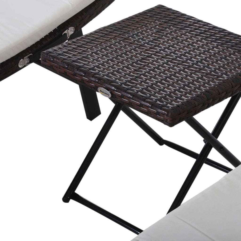 Folding Sun Loungers with Removable Cushions and Folding Table, 3-Piece Rattan Set, Cream