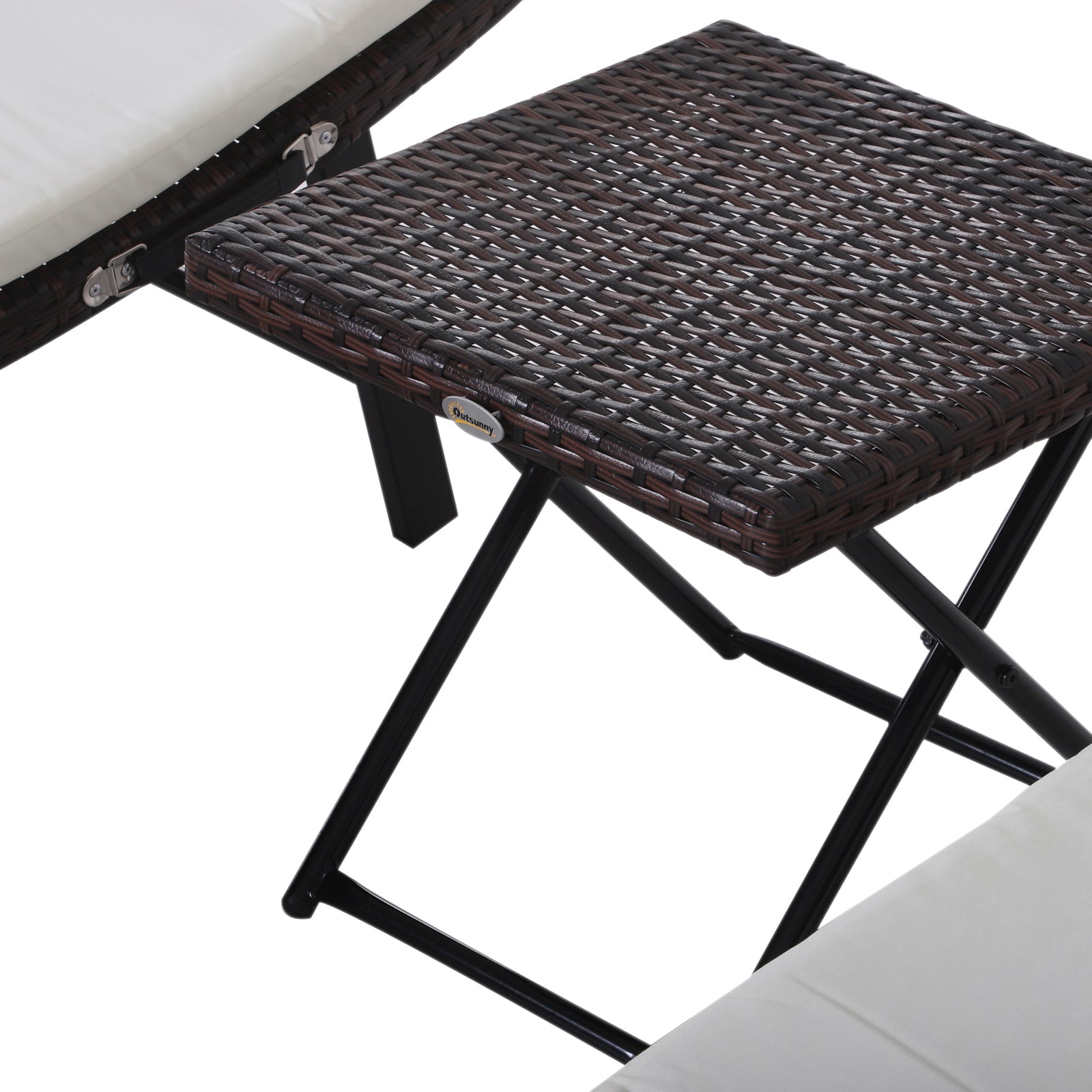 Folding Sun Loungers with Removable Cushions and Folding Table, 3-Piece Rattan Set, Cream