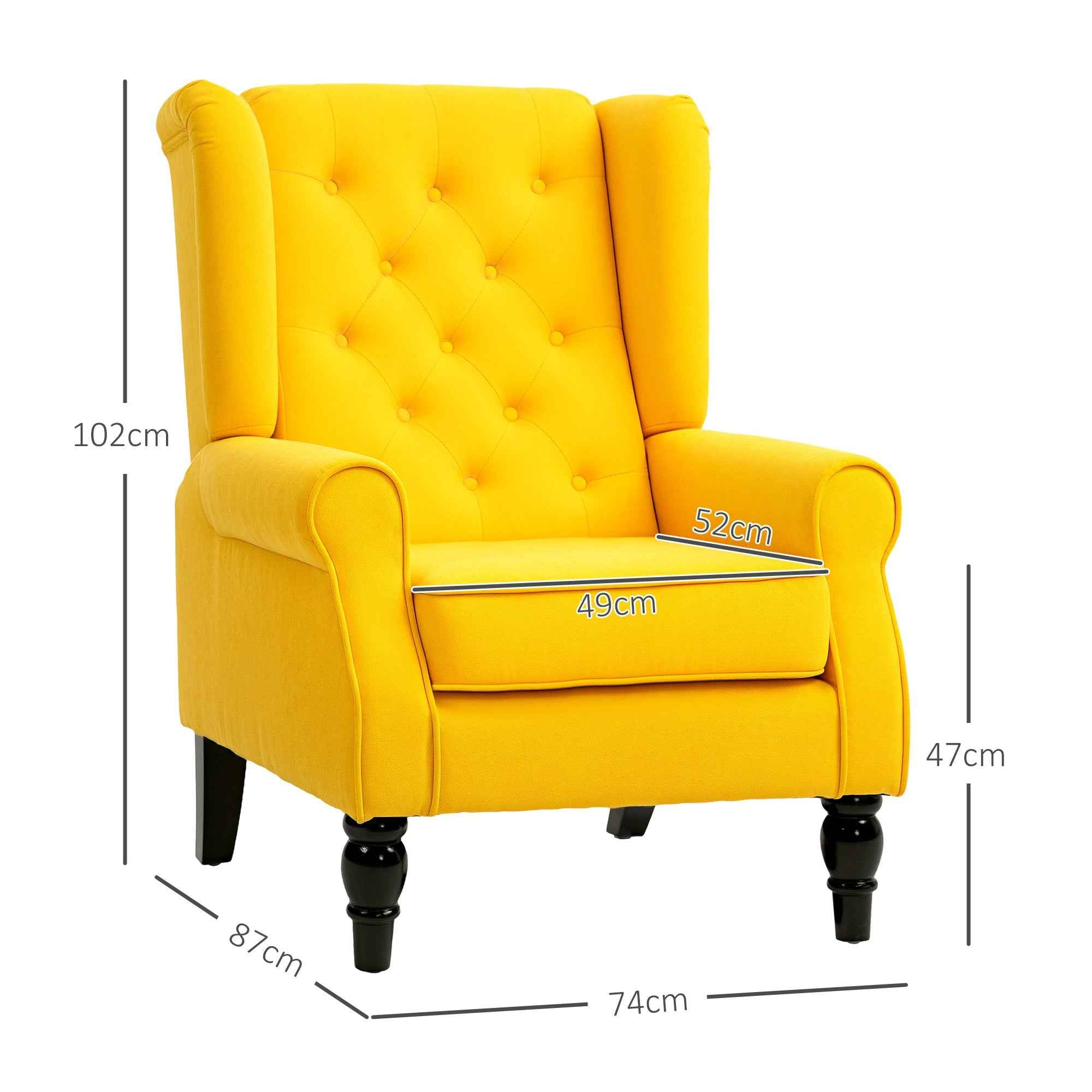 HOMCOM French Style Bedroom Armchair with Wide Seat and Wooden Legs for Living Room and Office, Yellow