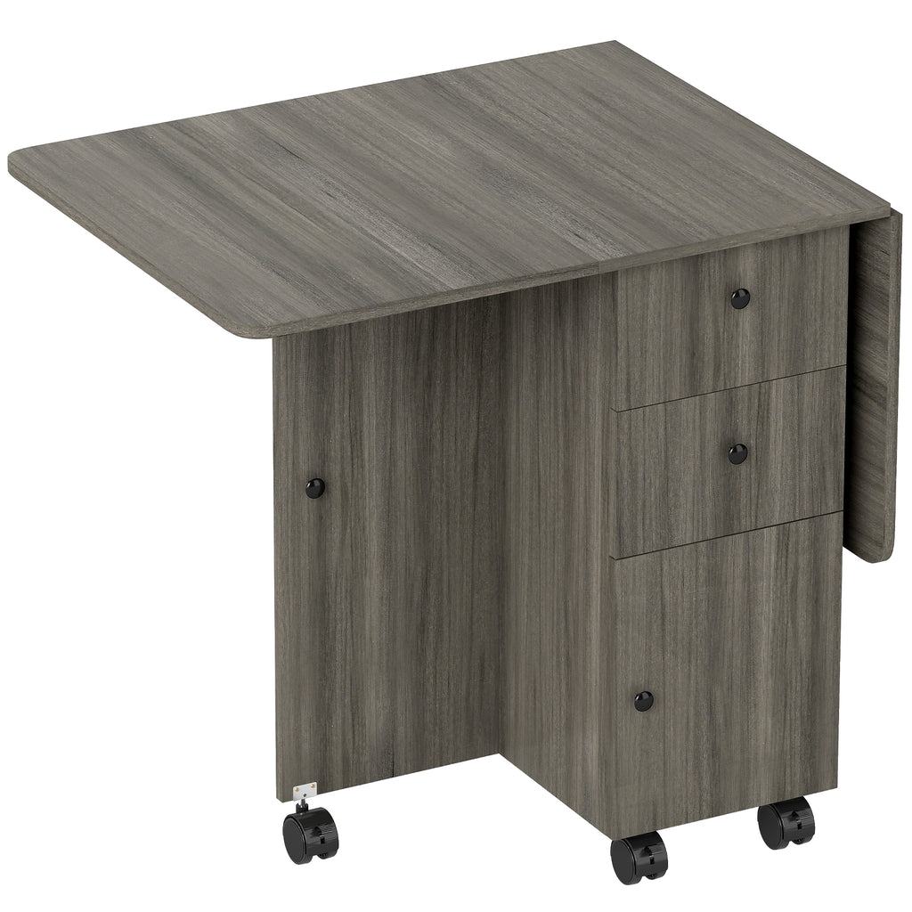6-Wheel Drop-Leaf Table with 2 Drawers and Cabinet Doors, Wooden, 120x60x76.5 cm, Grey