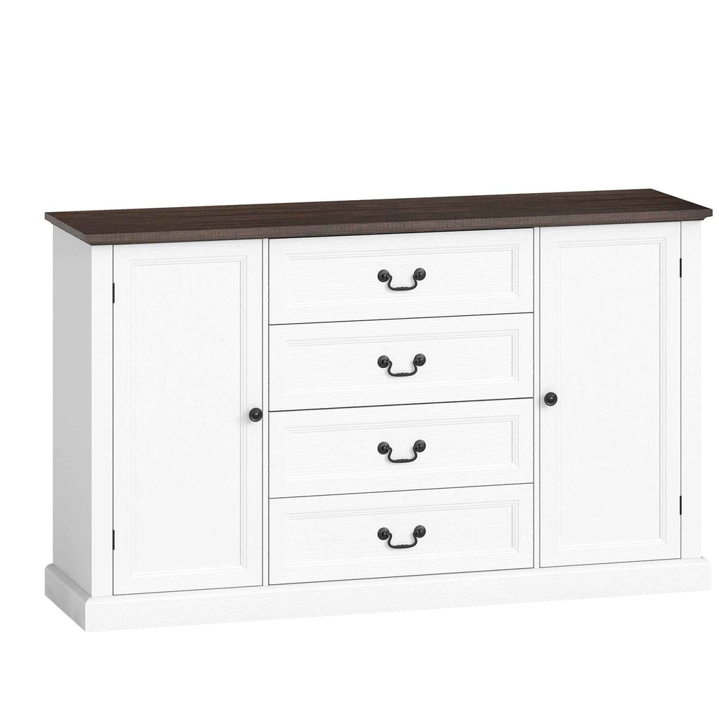 HOMCOM Vintage Style Kitchen Sideboard with 4 Drawers and 2 Cabinets with Adjustable Shelves, 147x40x87, White Wood