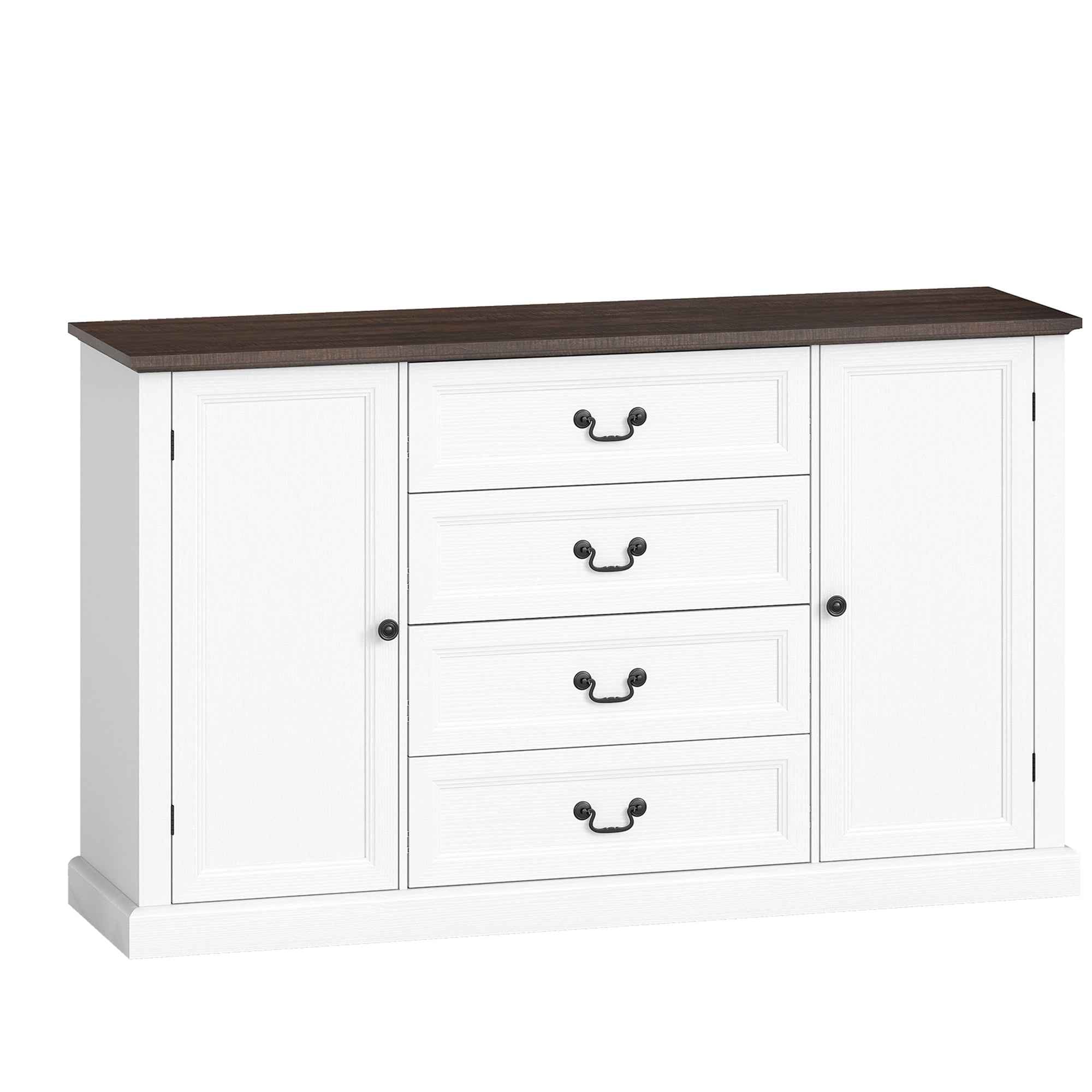 HOMCOM Vintage Style Kitchen Sideboard with 4 Drawers and 2 Cabinets with Adjustable Shelves, 147x40x87, White Wood
