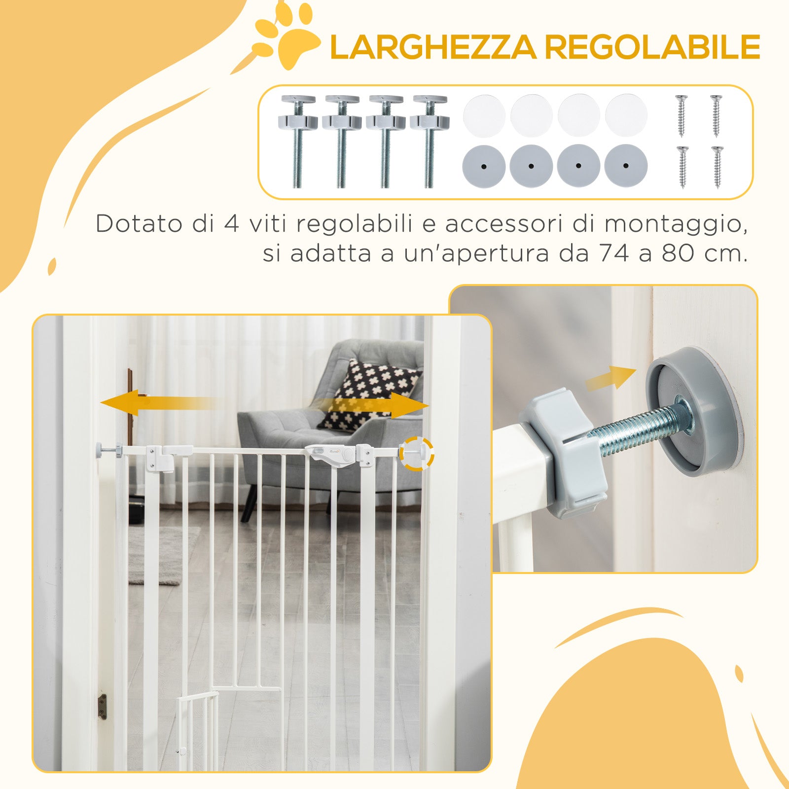 Dog Gate with Small Door, Pressure Fit and Self-Closing, 74-80x91.4cm, White